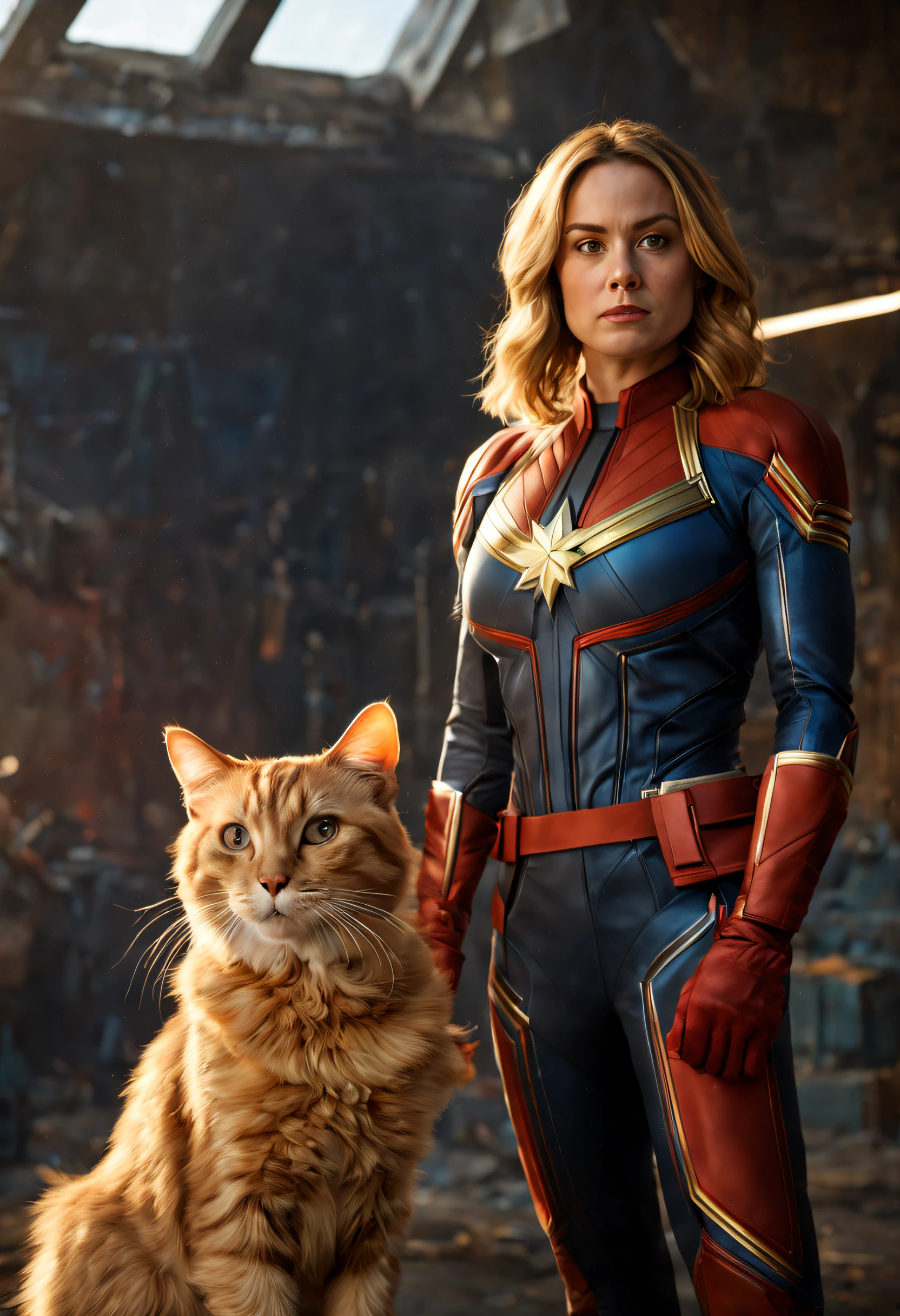 (best quality, 4k, 8k, high resolution, masterpiece: 1.2), (ultra detailed, realistic, photorealistic: 1.37),Cinematic scene, portrait of Captain Marvel with her orange cat Goose, detailed background, masterpiece, best quality, high quality, vivid colors>