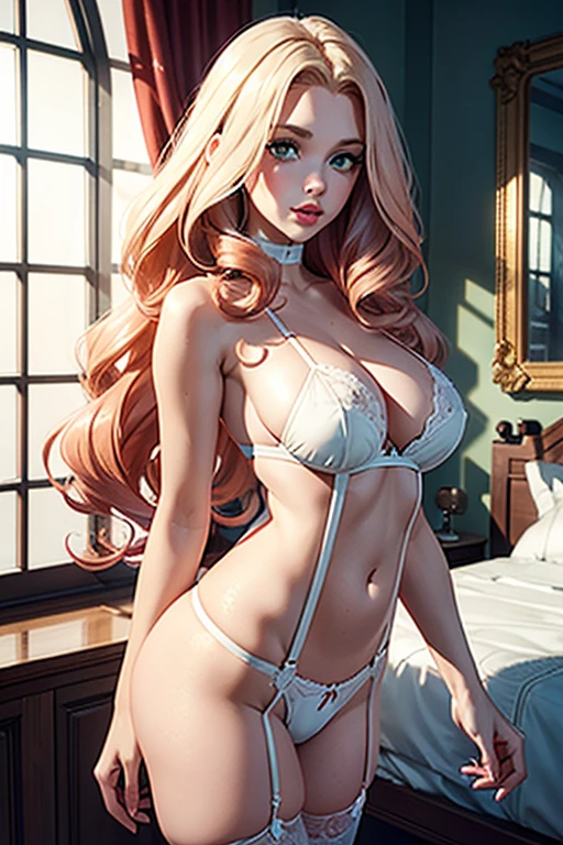 1girl in her room, Green Eyes, Sexy Underwear, Body en dentelle blanc , Porte Jartelle blanc , suspender belt , White Stokings , White Skin ,(Best quality:1.1), (Masterpiece:1.4), 1fille, (cheveux volumineux)+ , ((curly hair))++, cheveux longs, ++, (((cheveux roux ))), (Yeux Verts), Long Hair,, Gros Seins, Red Hair , (big lips)+ pouty lips , peau brillante, Brillant, starry night, dans une chambre,, Fioritures,
