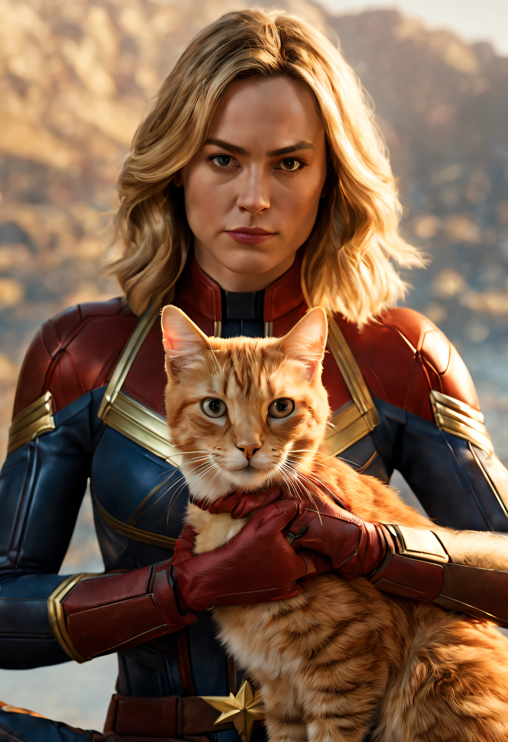 (best quality, 4k, 8k, high resolution, masterpiece: 1.2), (ultra detailed, realistic, photorealistic: 1.37),Cinematic scene, portrait of Captain Marvel with her orange cat Goose, detailed background, masterpiece, best quality, high quality, vivid colors>