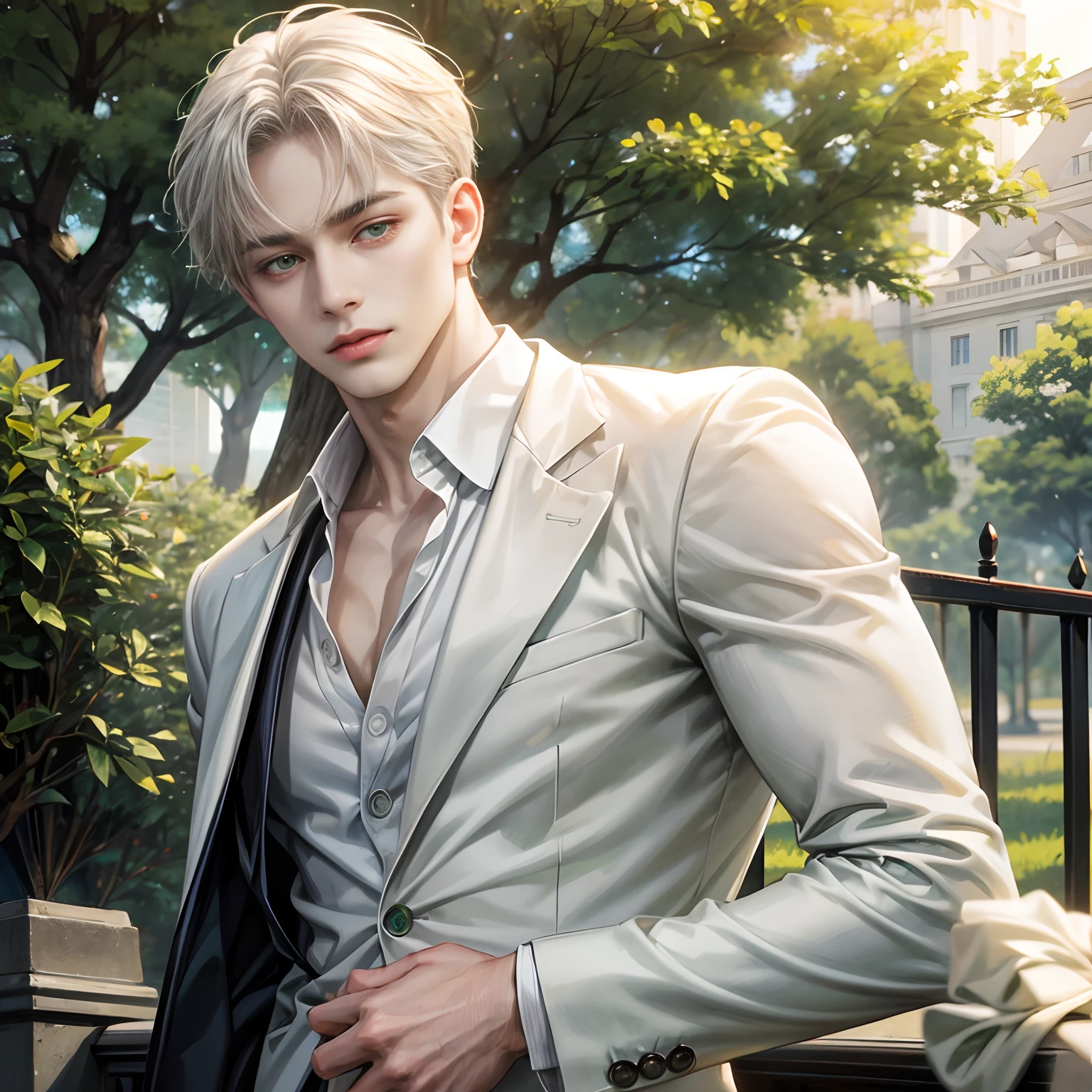 masutepiece, Best Quality, ((1man)), Short hair with light greige,Green eyes, waist-up, a park, White Blazer