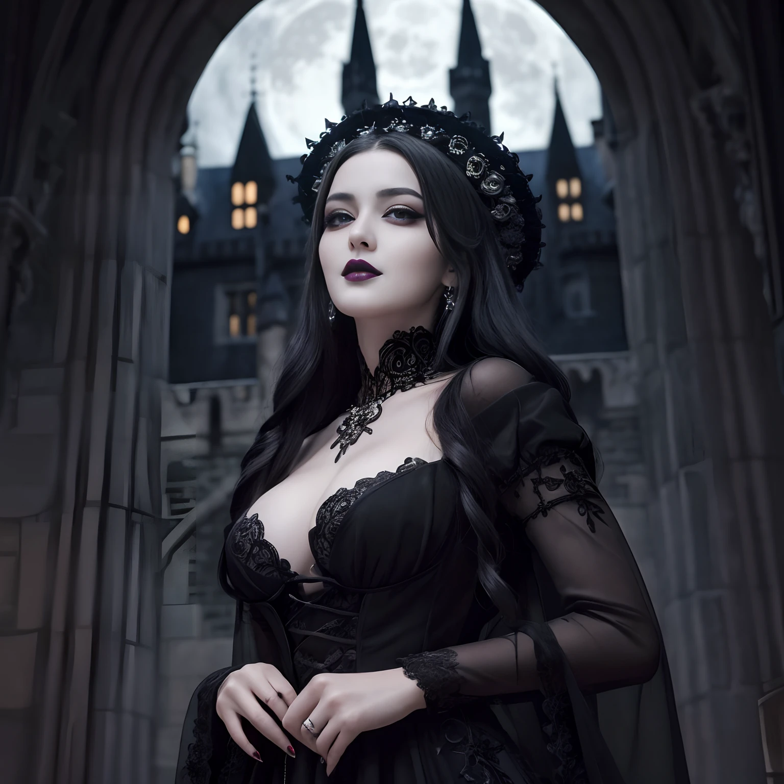 ((Best Quality, masutepiece, 超A high resolution、The most complex and detailed depictions)), 1 beauty、(((Black lips)))、((black makeup))、Evil makeup、black nails、((Black eyeshadow))、de pele branca、Evil smile、Photorealsitic,Black Dress,Black luxury dress,Dresses with intricate décor in the Gothic style,Intricate decoration of the dress、Evil and artistic patterns、Evil and artistic tattoos、The most intricate dresses,Most beautiful face,large full breasts,cleavage of the breast,Luxurious Gothic medieval European castle in the background,Wicked Gothic castle,Spooky castle、Viewpoint looking up at the castle from below、Looking up at the castle、low angles、The perspective of looking up at her from below、Look up at the exterior of the castle、Creepy and intricate castle exterior、The most complex and detailed castles、A castle with a very realistic texture、Detailed depiction of the castle in the background、You can see a small full moon shining in the background、Complex and detailed small moon、Shining Full Moon、Midnight、Pitch black night、Complex and detailed night sky、Describe the night sky in detail、Perfectly recreate the spooky night