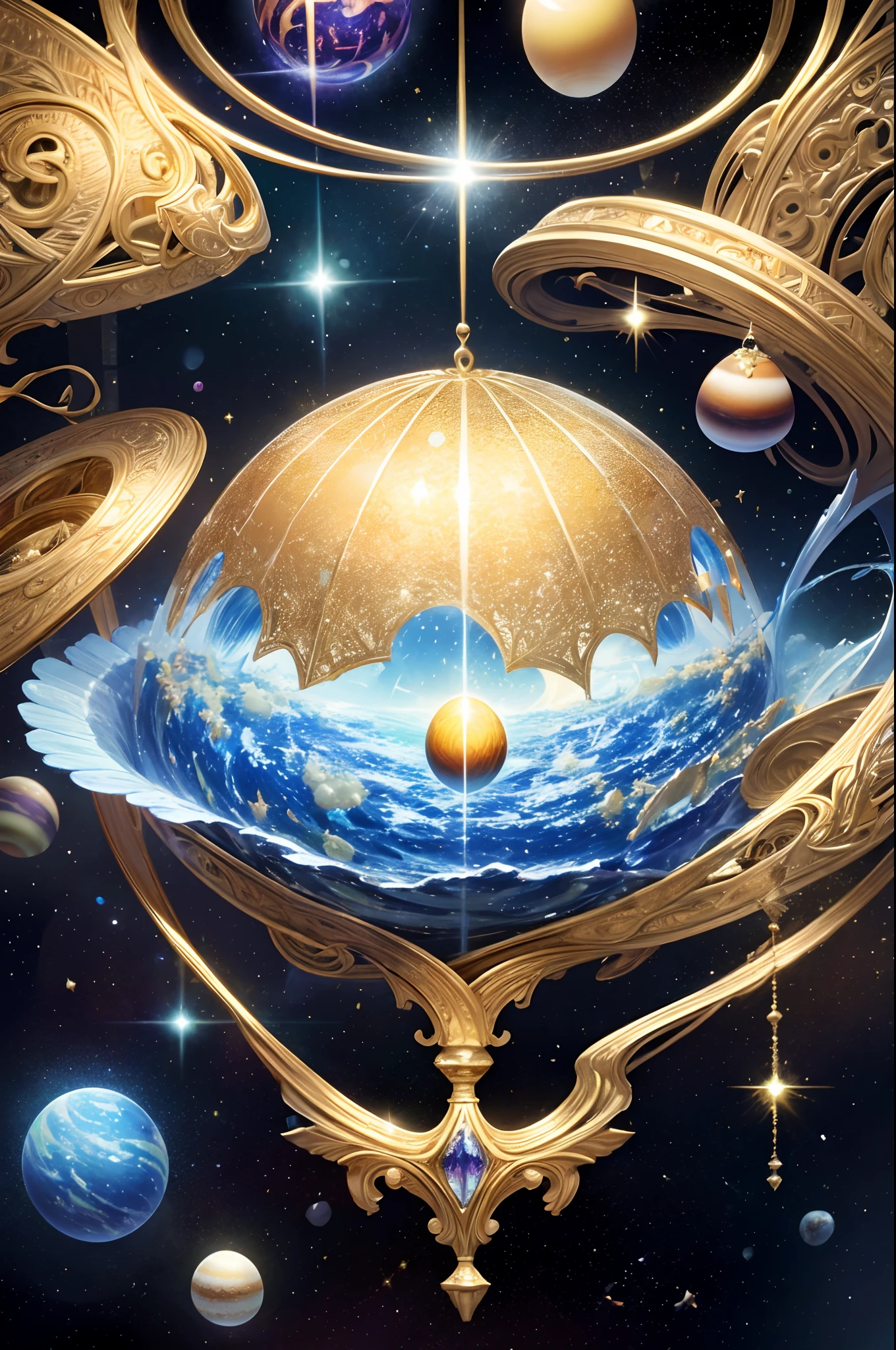 A dimension where Earth like planets are hatched from eggs covered in gold, silver and jewels laid out in fractal patterns, As the eggs hatch the planets are sent into different dimensions