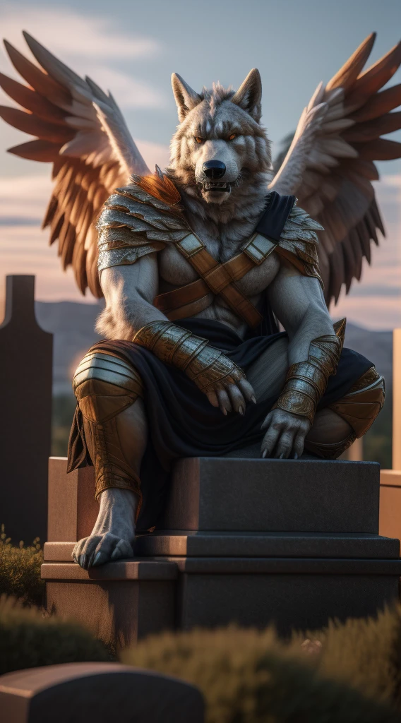 (best quality,4k,8k,highres,masterpiece:1.2),ultra-detailed,(realistic,photorealistic,photo-realistic:1.37),Cassius is a handsome furry and unfortunately he is no longer with us he died many years ago on October 30, 1518 every night you can see him wandering around the cemetery with his beautiful angel wings and his golden eyes he is sitting on his tombstone where his body is resting peacefully while looking at the viewer with a serious and angry expression