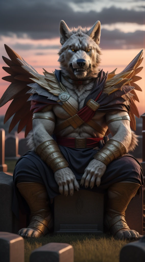 (best quality,4k,8k,highres,masterpiece:1.2),ultra-detailed,(realistic,photorealistic,photo-realistic:1.37),Cassius is a handsome furry and unfortunately he is no longer with us he died many years ago on October 30, 1518 every night you can see him wandering around the cemetery with his beautiful angel wings and his golden eyes he is sitting on his tombstone where his body is resting peacefully while looking at the viewer with a serious and angry expression