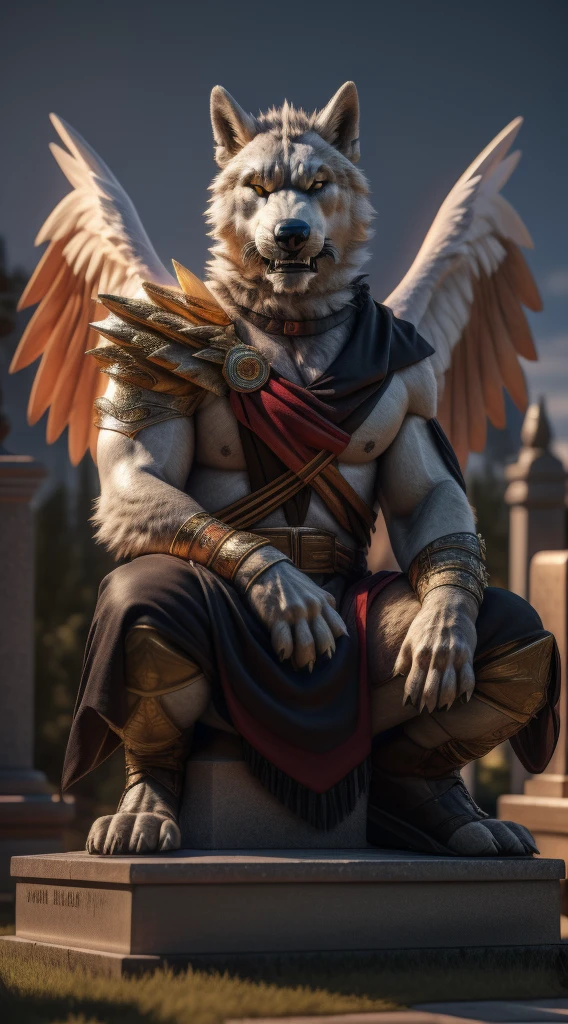 (best quality,4k,8k,highres,masterpiece:1.2),ultra-detailed,(realistic,photorealistic,photo-realistic:1.37),Cassius is a handsome furry and unfortunately he is no longer with us he died many years ago on October 30, 1518 every night you can see him wandering around the cemetery with his beautiful angel wings and his golden eyes he is sitting on his tombstone where his body is resting peacefully while looking at the viewer with a serious and angry expression