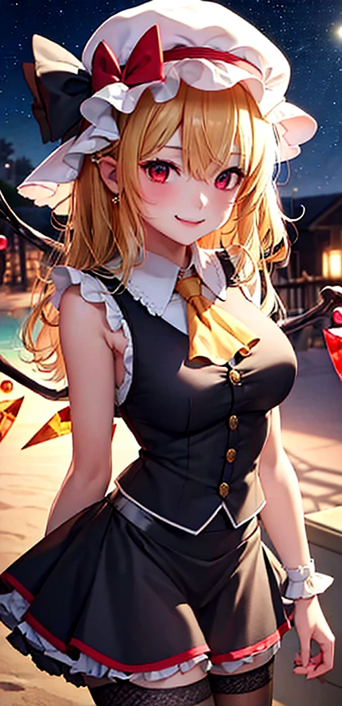 best quality, masterpiece, highres, solo, {night:1.10}, {starry sky:1.10}, beach, beautiful detailed sky, {extremely detailed background:1.20}, {flandre_scarlet_touhou:1.15}, {standing:1.10}, looking at viewer, {bikini:1.30}, blonde_hair, wings, red_eyes, crystal, bangs, hat, one_side_up, ribbon, mob_cap, bow, blush, smile, vest, white_headwear, red_vest, ascot, hair_between_eyes, red_bow, red_ribbon, upper_body, hat_ribbon, yellow_ascot, short_hair, light smile, huge breasts, cleavage, goth, black lipstick, fishnets, black clothes