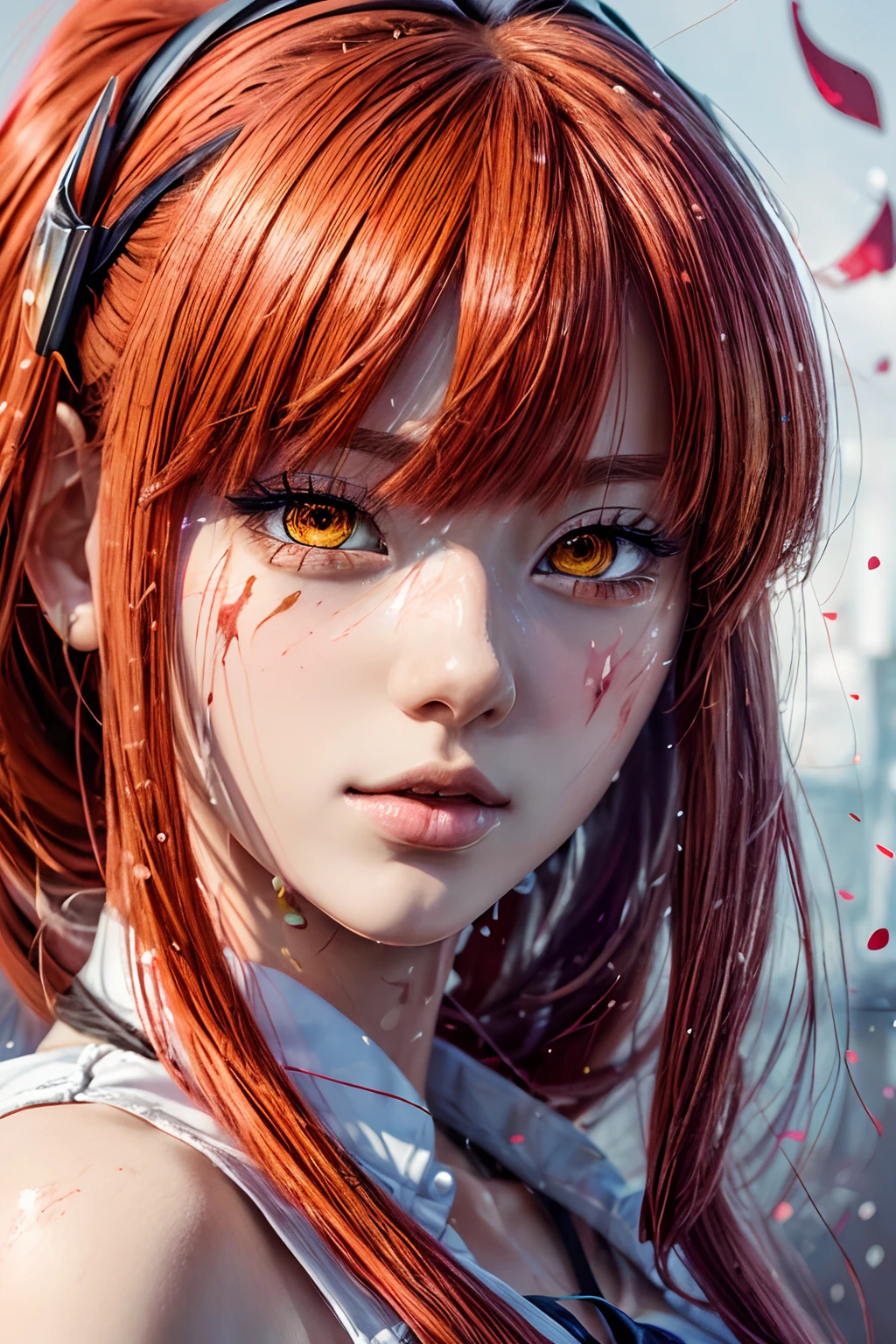masterpiece, best quality, (extremely detailed CG unity 8k wallpaper, masterpiece, best quality, ultra-detailed, best shadow), (detailed background), (beautiful detailed face, beautiful detailed eyes), High contrast, (best illumination, an extremely delicate and beautiful),1girl,((colourful paint splashes on transparent background, dulux,)), ((caustic)), dynamic angle,beautiful detailed glow,full body, paint splash on face. close up of a woman, anime girl with red hair and a white shirt and tie, a character portrait by Yang J, pixiv, shin hanga, portrait of an anime girl, female anime character, portrait anime girl, portrait of asuka langley soryu, beautiful anime portrait, detailed portrait of anime girl, anime character, realistic anime artstyle, anime girl portrait, anime character portrait, paint splashes on face.