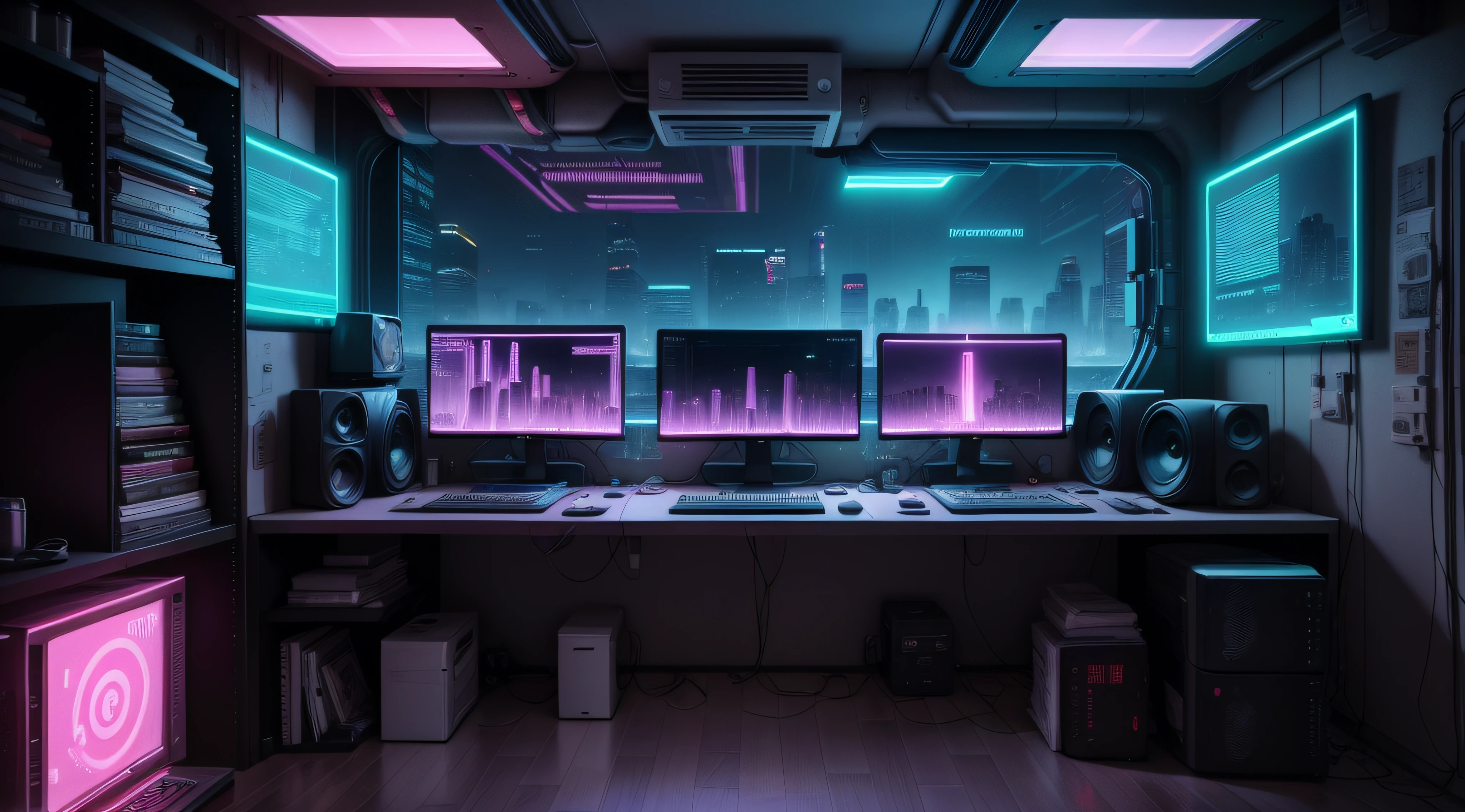 There is a computer desk with a monitor, Speakers & monitor, cyberpunk setting, cyberpunk atmosphere, Cyberpunk lighting, Cyberpunk interior, Cyberpunk bedroom at night, 3 d render beeple, In the room, Made in the style of cyberpunk, cyberpunk atmosphere, Bedroom for teenagers in cyberpunk style, cyberpunk with neon lighting, Cyberpunk Apartment, hyper realistic cyberpunk style, Muted cyberpunk style, Cyberpunk apartment, Housing