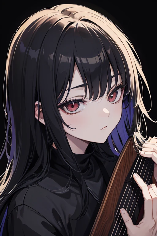 Close-up of a man holding a guitar in front of a black background, junji ito 4 k, ito junji art, portrait gapmoe yandere grimdark, Mysterious girl, Inspired by Junji Ito, dark illustration, dark linework, art style of junji ito, yandere intricate, Portrait of an ominous girl, subtle junji ito