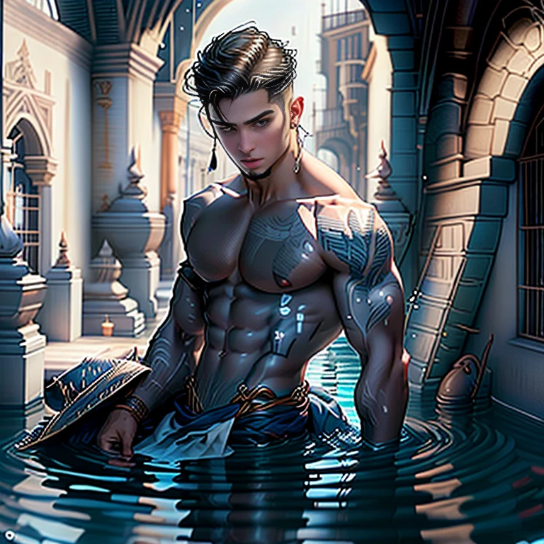 Nadador parado desnudo junto en al rio Una mezcla 3ntre pintura y fotografia , perfect composition, latino, Vista desde un lado y desde arriba, joven, Perfect anatomy, joven, latino, guapo, splendid, mirando fijamente al espectador, Tiro propioDescalzo, Esbelto, detailed muscles, nadador, parado junto al rio