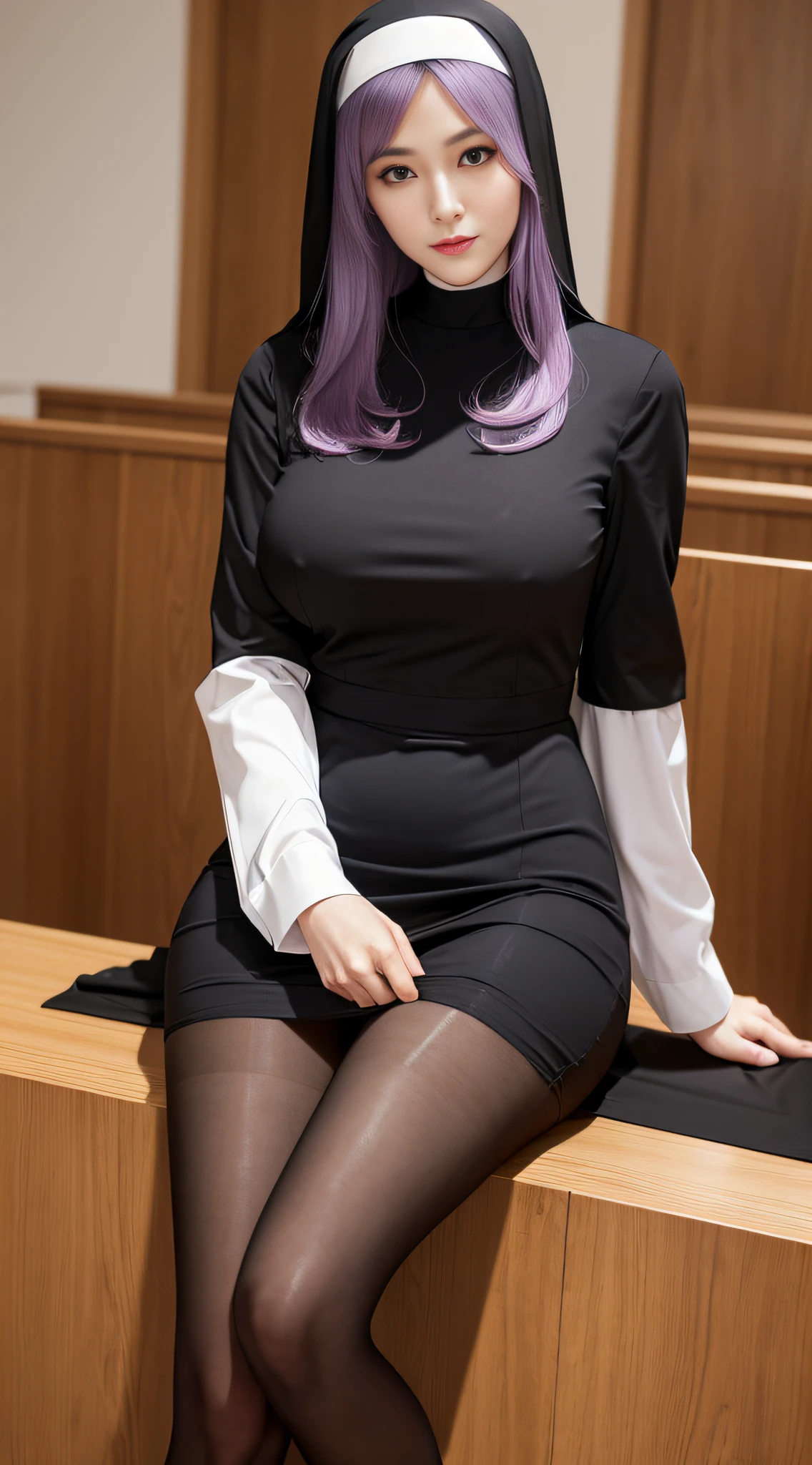(Masterpiece, Best quality), miss, Mature woman, Delicate, ((Beautiful face)),(((A woman in her 37s,A MILF))),ultra realistic faces,Super sexy,Very beautiful face,cute face,Cute,Clear facial visibility,Long hair, Light purple hair, , low-tied long hair, bangs, Beautiful detailed eyes, Light smile,Nun dress ,Ultra-thin black pantyhose,Empty reading room,The stands up, Bigboobs,((A nun's dress that covers the big bust,The nun's skirt covered it)),The legs are slender and slender,Ultra HD, Textured skin, Super detail, highly details, high qulity,A high resolution, 16k,