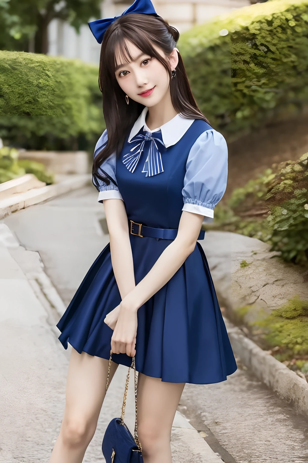 masutepiece, Best Quality, hight resolution, Fumaris, Long hair, Hair Bow, blue bow, Blue Dress, Collared dress, Short sleeves, Puffy sleeves, Belt bag, Blue skirt, Cowboy Shot, ,