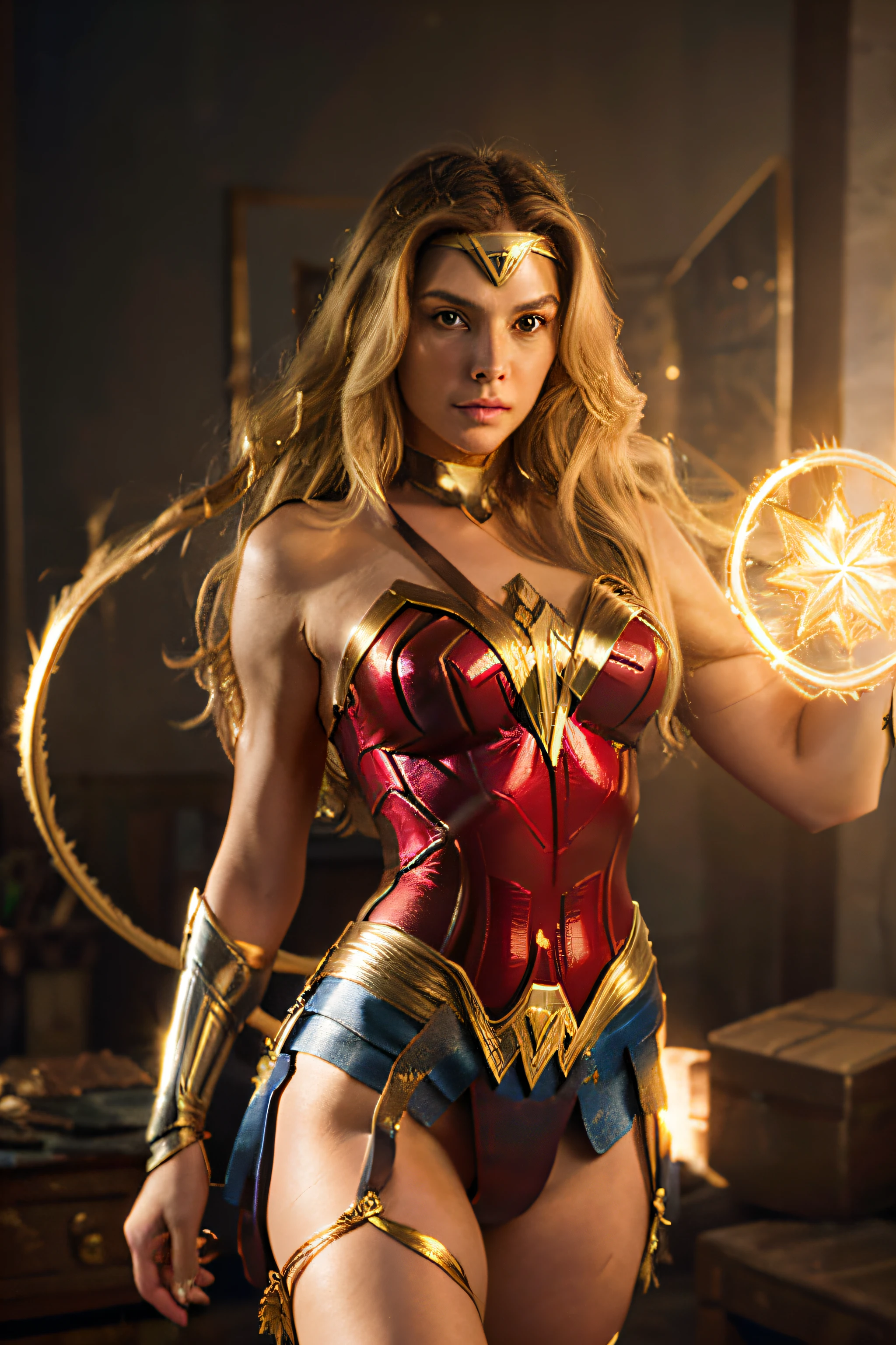 Create an image of a long-haired blonde woman wearing Wonder Woman's iconic golden tiara. She's in a majestic pose, holding the Lasso of Truth and radiating an aura of courage and determination, the image should be ultra-realistic in 4k.