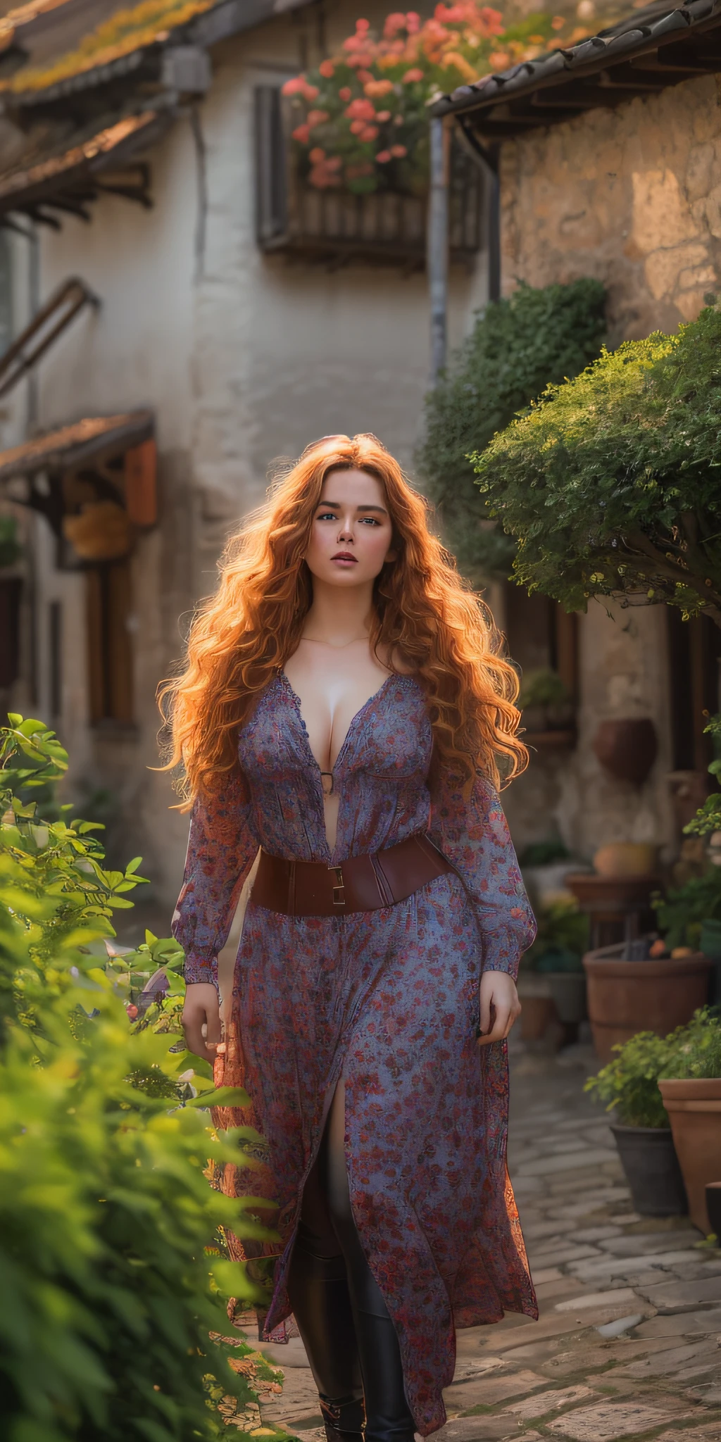 Photo of a 25-year-old European girl, Raw, Beautiful fat woman, (Very long wavy red hair), ((portraite of a)), ((detailized face:1.2)), ((Detailed facial features)), (Finely detailed leather), pale skin, ruddy, Unbuttoned Country Woman Costume, erotica, Hem raised, deep neckline, Large breasts can be seen, Wednesday Village Morning, (warm colours), humid, humid, reflections, (tmasterpiece) (perfect proportion)(foto realista)(beste-Qualit) (Detailed), shot on a Canon EOS R5, 50mm lens, f/2.8, HDR, (8K) (wallpapers) (电影灯光) (dramatic lighting) (sharp-focus) (an intricate) sun glare, moda