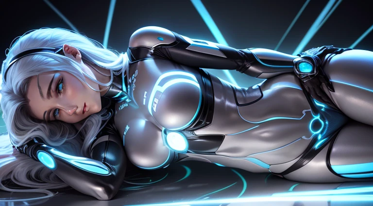 a robot woman, with an iridescent metal alloy body that reflects blue and silver hues. His torso is elegantly sculpted, Highlighting smooth curves and hinged panels. The human face is a masterpiece of engineering, com olhos que emanam uma luz suave e serena, Revealing an almost organic depth. The metallic skin has a finely etched texture, enquanto fios luminescentes percorrem suas extremidades, creating an intricate pattern that resembles a digital network. Cinematic lighting casts soft shadows, highlighting every detail, And your metallic hair cascades, refletindo nuances de cores conforme ela se move. The contrast between mechanical perfection and human expression creates a unique and intriguing presence. Corpo inteiro. Imagem ampla