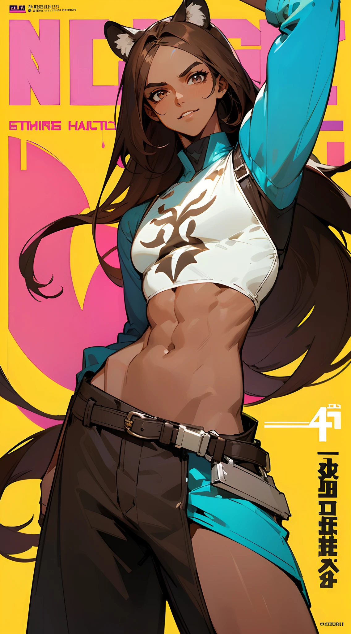((Beautiful man:1)) , ((Dark skin:1.5)) , ((long hair)) , ((brown hair)) , ((male:1.4)) , full lips , light silver eyes , voluminous hair,((has tiger ears:1)), ((Skinny build)) ,effeminate , ((has a center part in hair:1)), full long eyelashes,((straight hair:1.3)) , ((crop top:1.2)), hair in a ponytail, Bishounen, possess delicate and androgynous features, age 33,
Solo, sfw, cap, shorts, jacket, (Magazine cover-style illustration of a fashionable character in vibrant outfit posing in front of a colorful and dynamic background. They have a confident expression and is striking a pose. The text on the cover should be bold and attention-grabbing, with the title of the magazine and a catchy headline. The overall style should be modern and trendy, with a focus on fashion and lifestyle), wallpaper, crowds, fashion, contrapposto, model, cool
(masterpiece, best quality )detailed, 1Character , pastel washed out colors , cell shade , soft, muted shades ,gentle colors ,