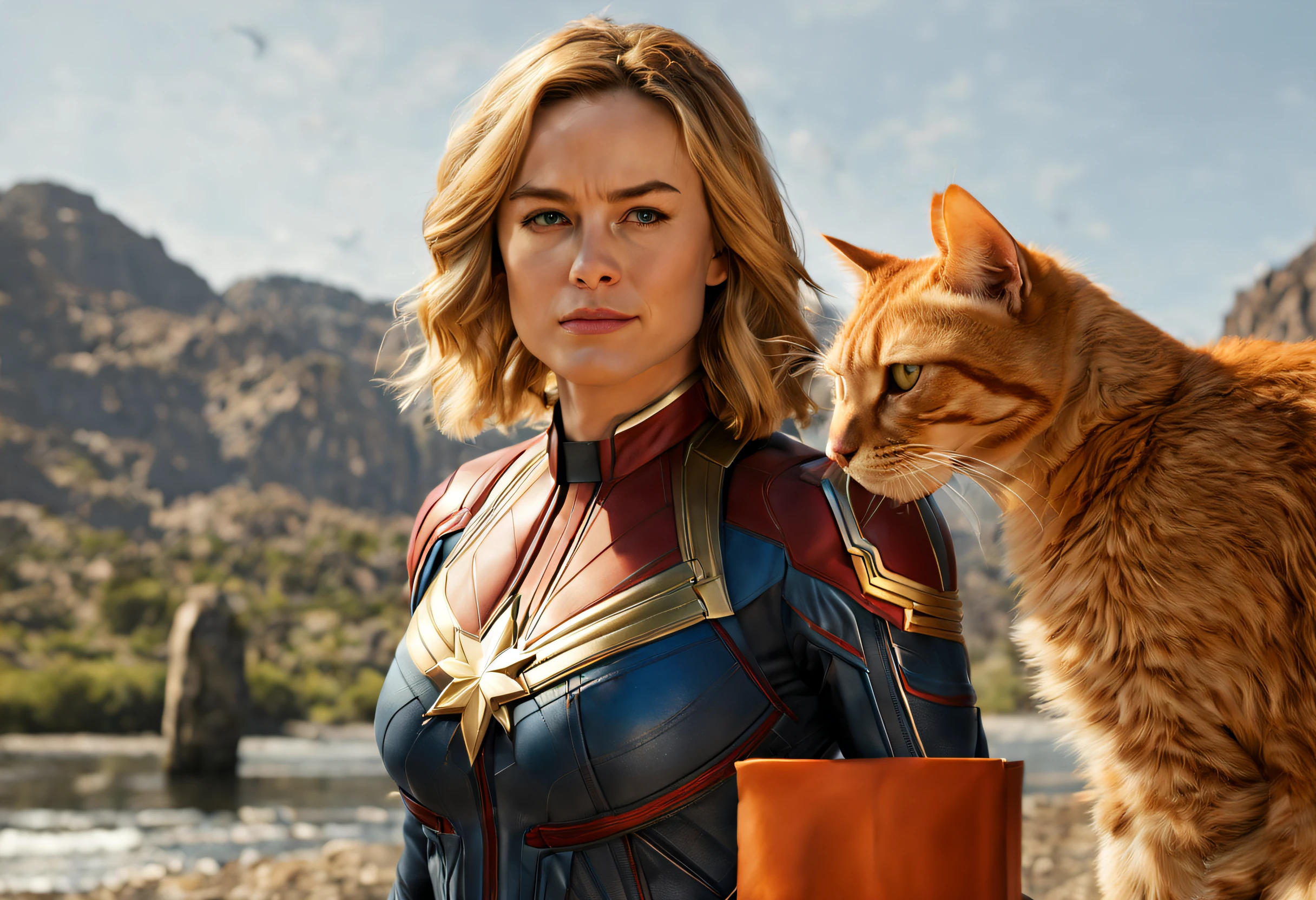 (best quality, 4k, 8k, high resolution, masterpiece: 1.2), (ultra detailed, realistic, photorealistic: 1.37), cinematic scene, portrait of Captain Marvel with her orange cat Goose, detailed background, masterpiece, best quality , high quality, bright colors, scene taken from the movie Captain Marvel