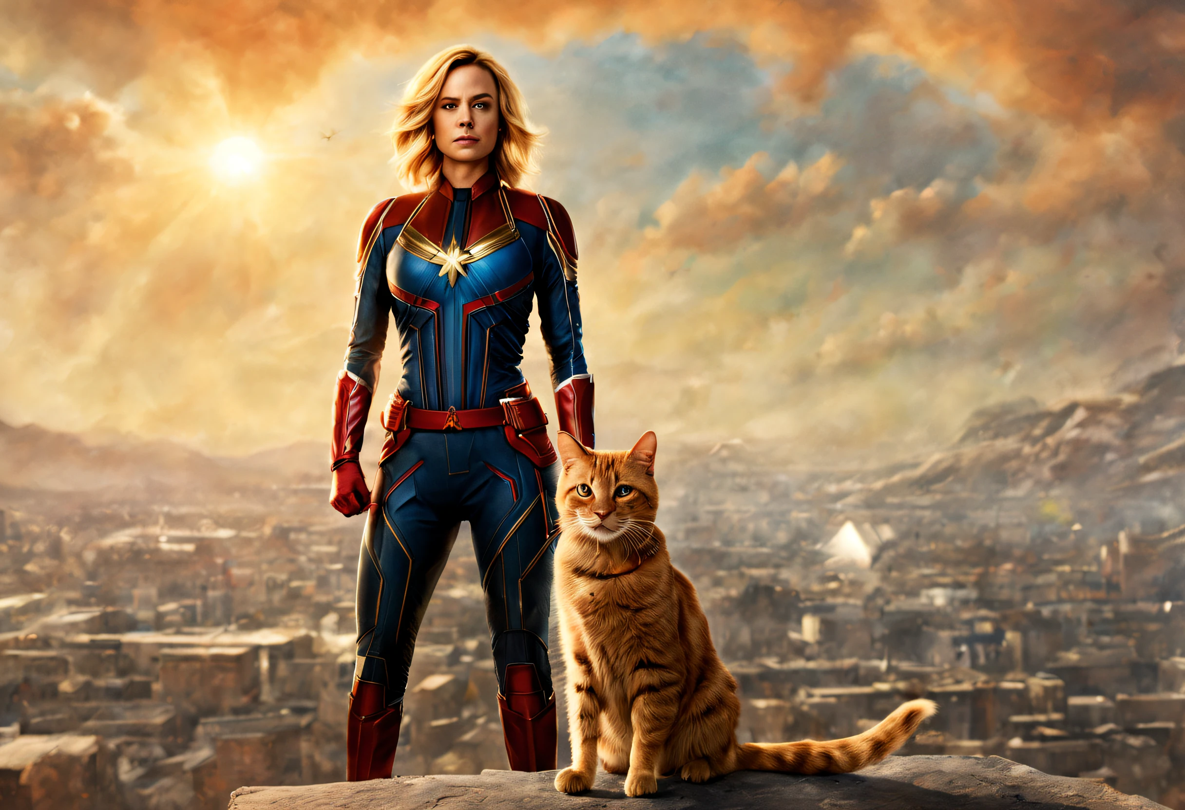 (best quality, 4k, 8k, high resolution, masterpiece: 1.2), (ultra detailed, realistic, photorealistic: 1.37), cinematic scene, portrait of Captain Marvel with her orange cat Goose, detailed background, masterpiece, best quality , high quality, bright colors, scene taken from the movie Captain Marvel