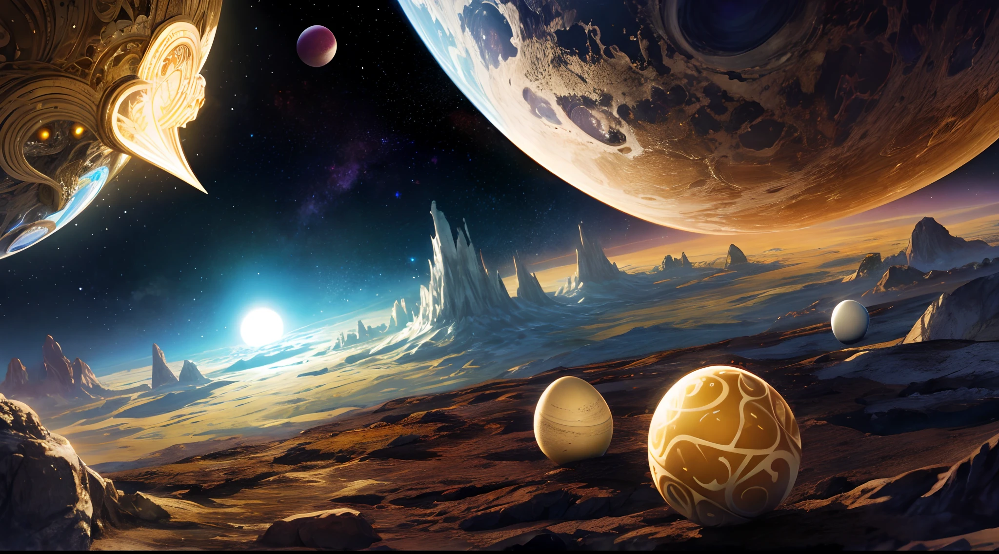 A dimension where Earth like planets are hatched from eggs covered in gold, silver and jewels laid out in fractal patterns, As the eggs hatch the planets are sent into different dimensions