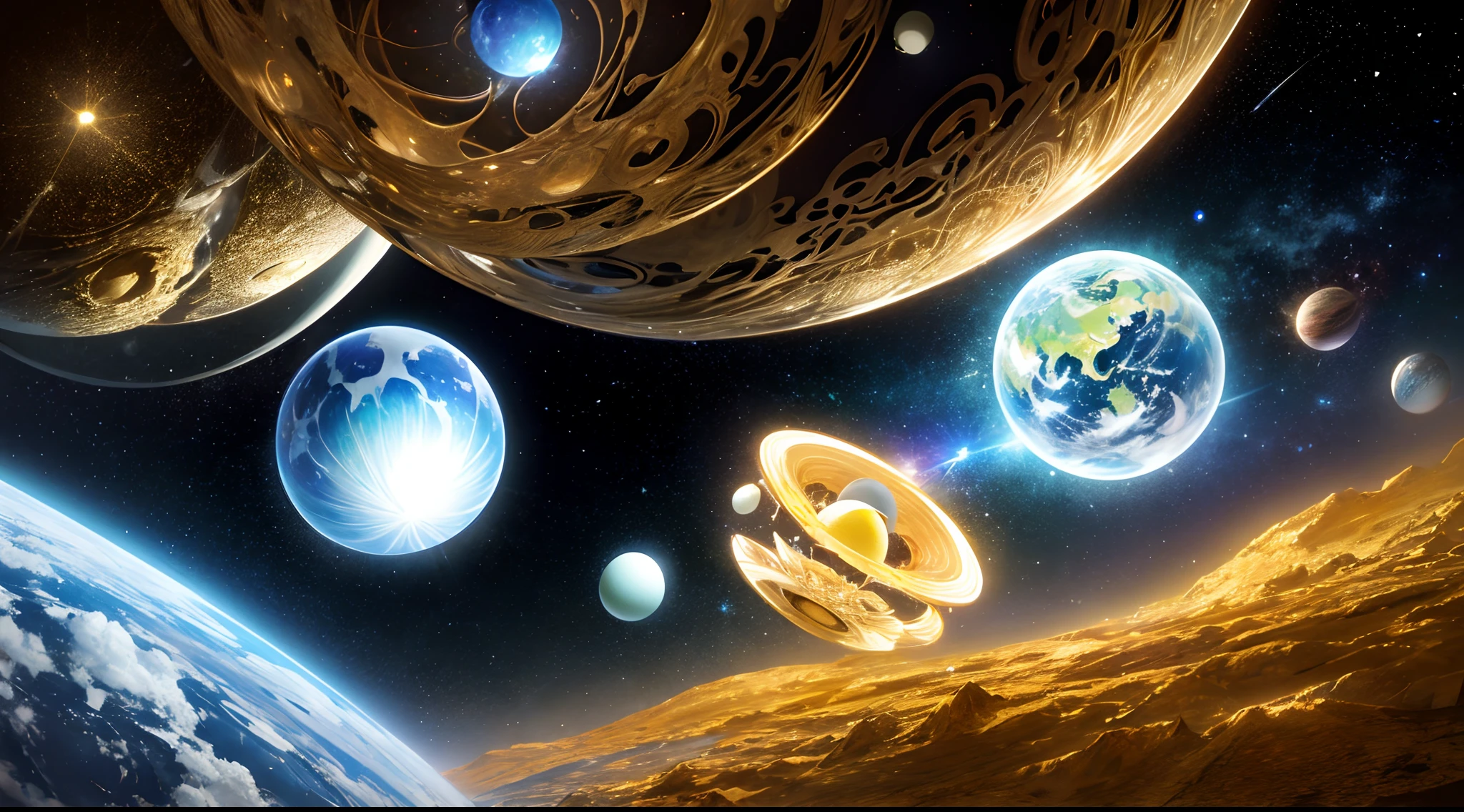A dimension where Earth like planets are hatched from eggs covered in gold, silver and jewels laid out in fractal patterns, As the eggs hatch the planets are sent into different dimensions