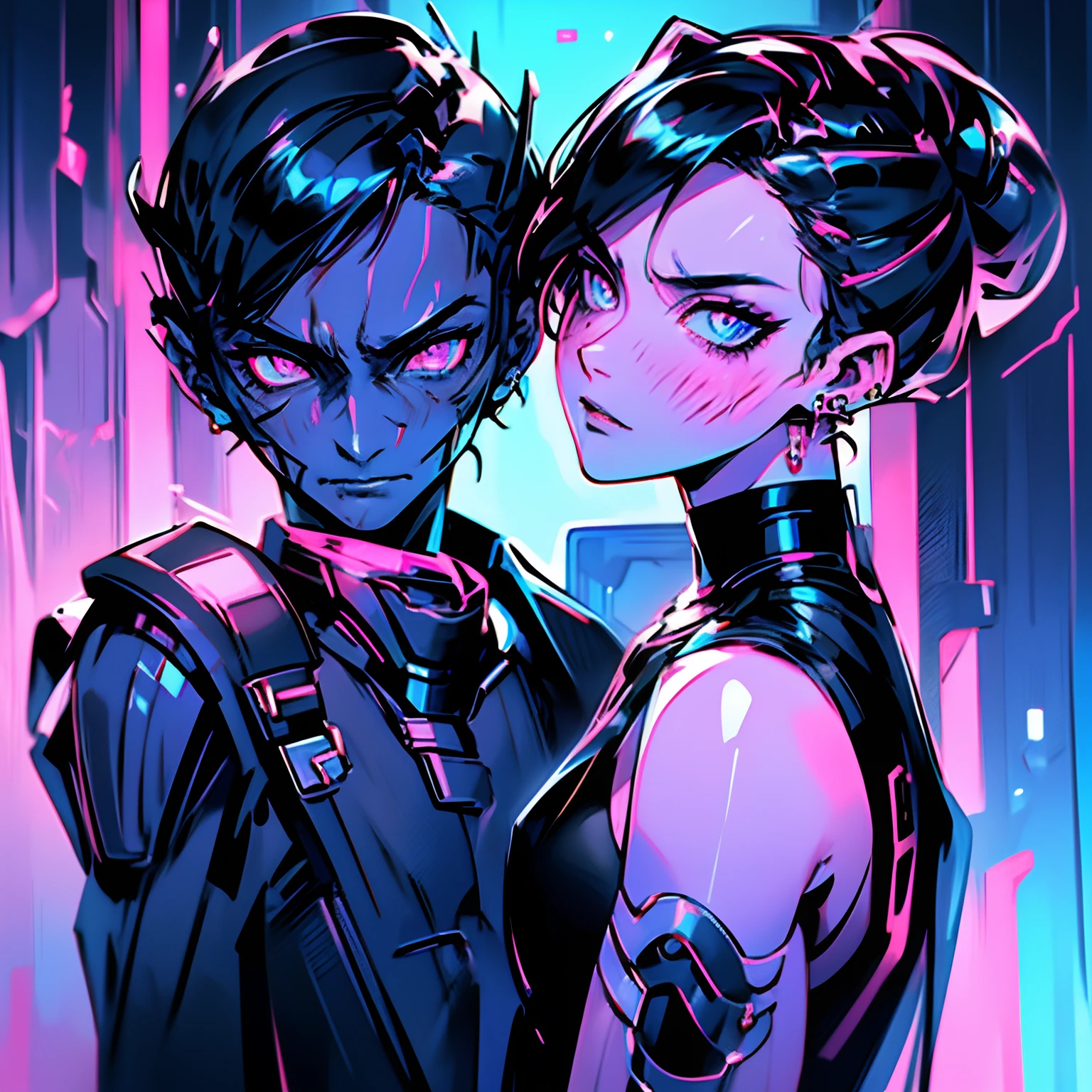 Alien cyborgs blood flesh A handsome boy with piercing blue eyes and sleek black hair passionately kissing a charming girl with captivating pink eyes, both elegantly clad in matching black and pink attire