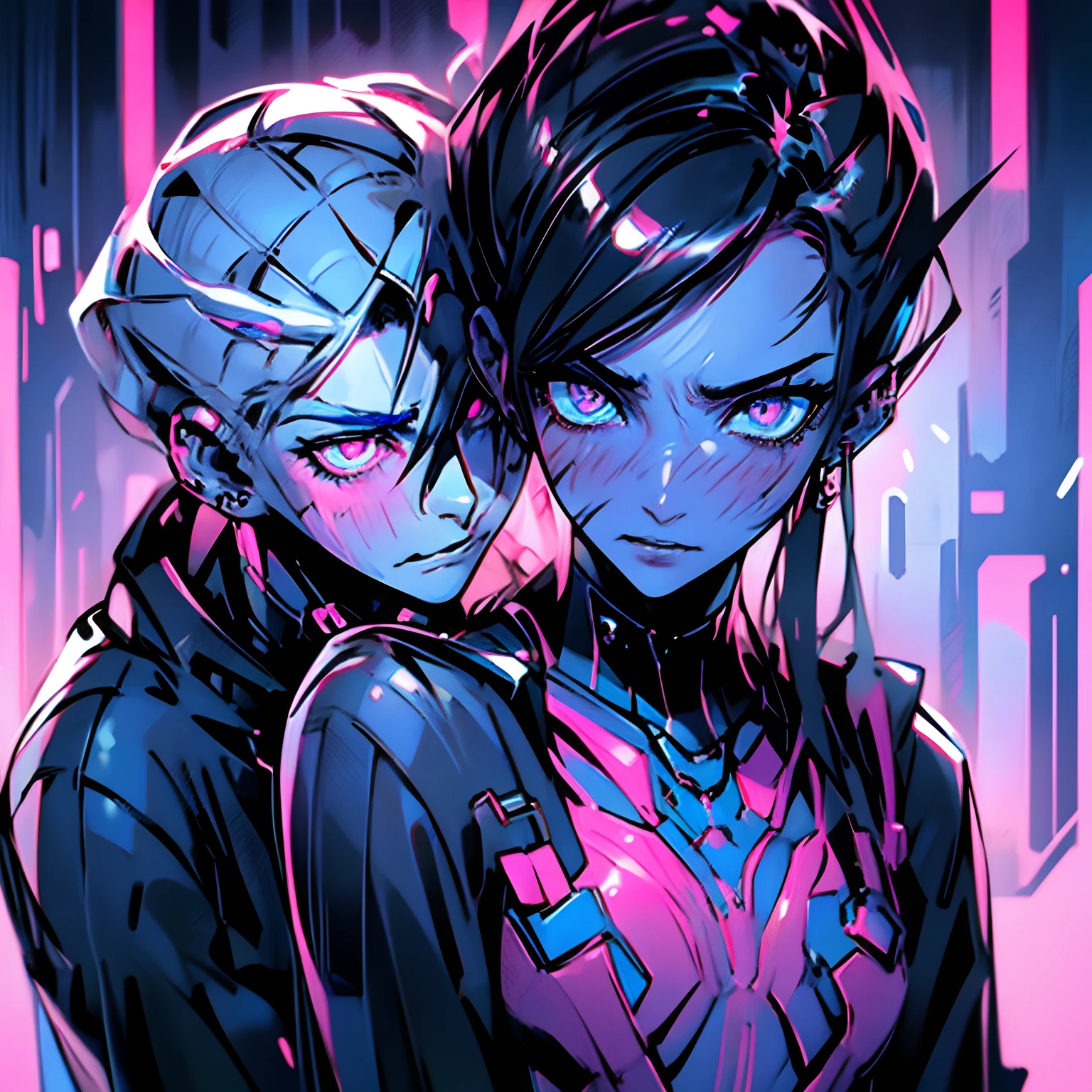 Alien cyborgs blood flesh A handsome boy with piercing blue eyes and sleek black hair passionately kissing a charming girl with captivating pink eyes, both elegantly clad in matching black and pink attire