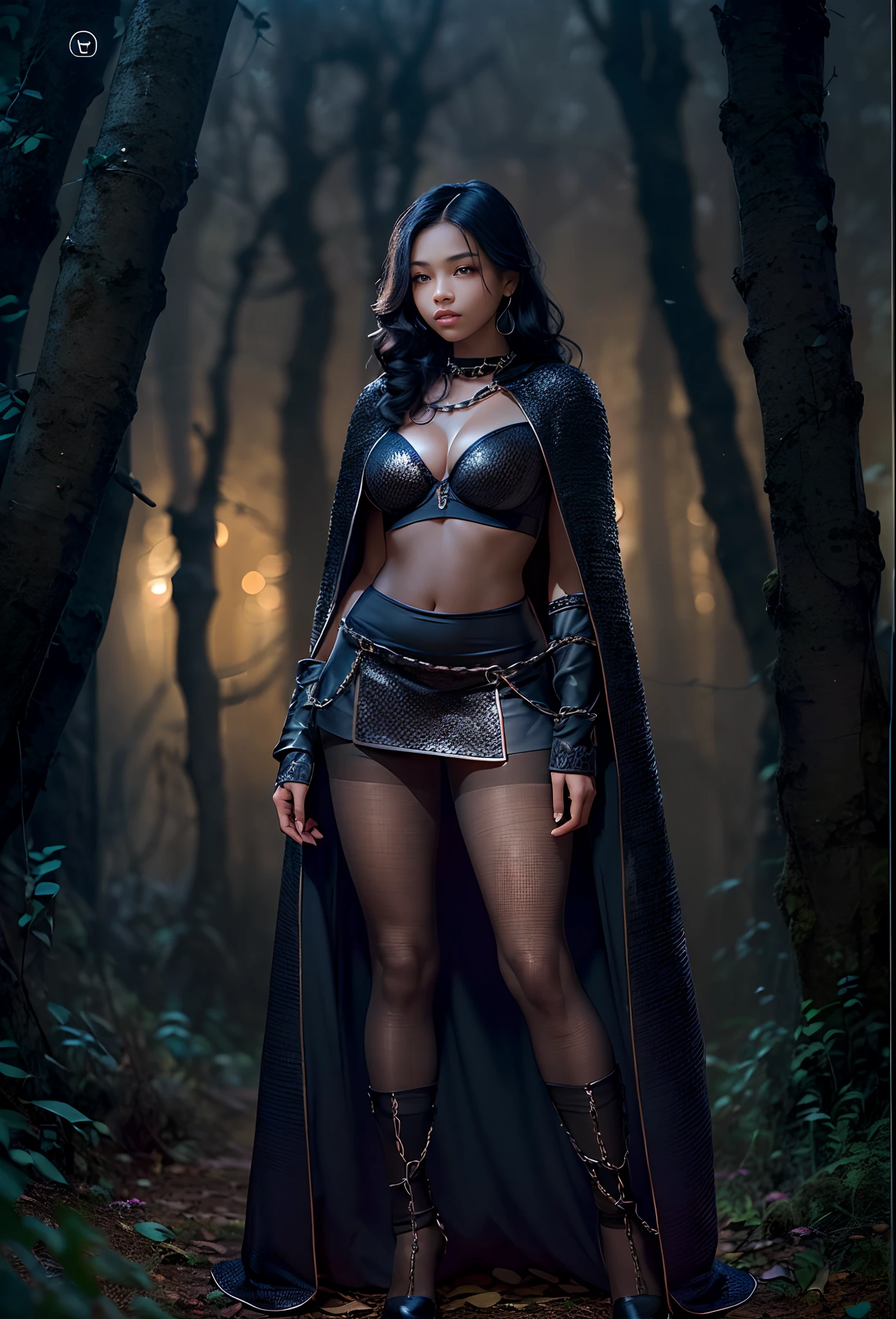 ((20-year-old))), girl, (((light skin))), (((full body pose))), (((long curly black hair))), (((wearing tight chainmail micromini skirt, chainmail bra, open front cloak))), (((seamless, black, pantyhose))), standing in the dark woods at night, moonlight shining through the dense canopy, dark castle in the background, dark fantasy, Rich, Deep Colours, (intricate details:0.9), (HDR, hyper-detailing:1.2), (natural skin textures, hyper realisitc, glistening skin, soft light, Sharp),