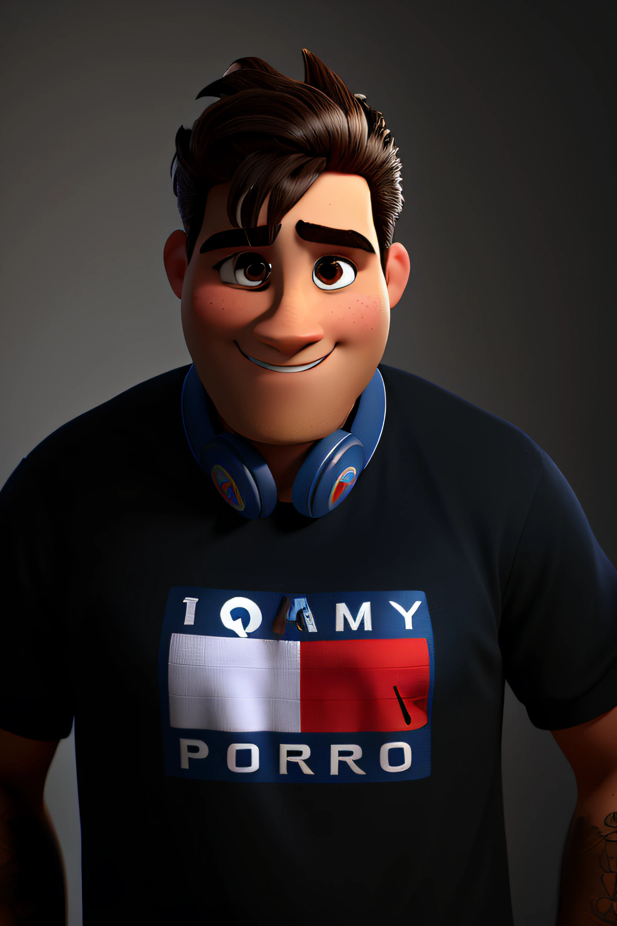 Um homem estilo disney pixar, cabelo Grisalho, com fone Rad Fone, alta qualidade, melhor qualidade