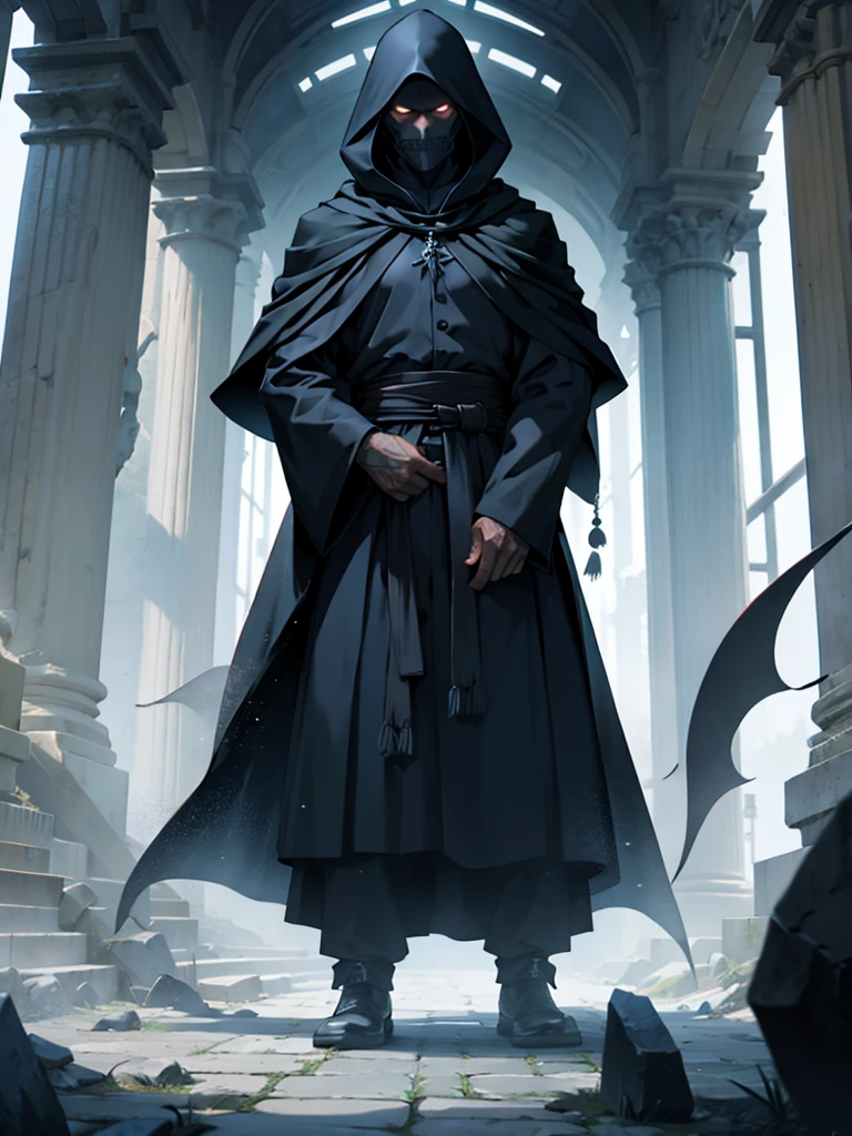 Man wearing a evil ancient mank with a black cloak.