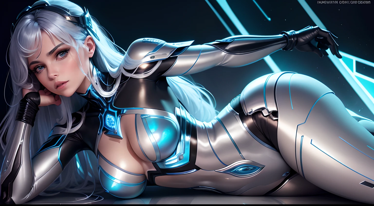 a robot woman, with an iridescent metal alloy body that reflects blue and silver hues. His torso is elegantly sculpted, Highlighting smooth curves and hinged panels. The human face is a masterpiece of engineering, com olhos que emanam uma luz suave e serena, Revealing an almost organic depth. The metallic skin has a finely etched texture, enquanto fios luminescentes percorrem suas extremidades, creating an intricate pattern that resembles a digital network. Cinematic lighting casts soft shadows, highlighting every detail, And your metallic hair cascades, refletindo nuances de cores conforme ela se move. The contrast between mechanical perfection and human expression creates a unique and intriguing presence. Corpo inteiro. Imagem ampla