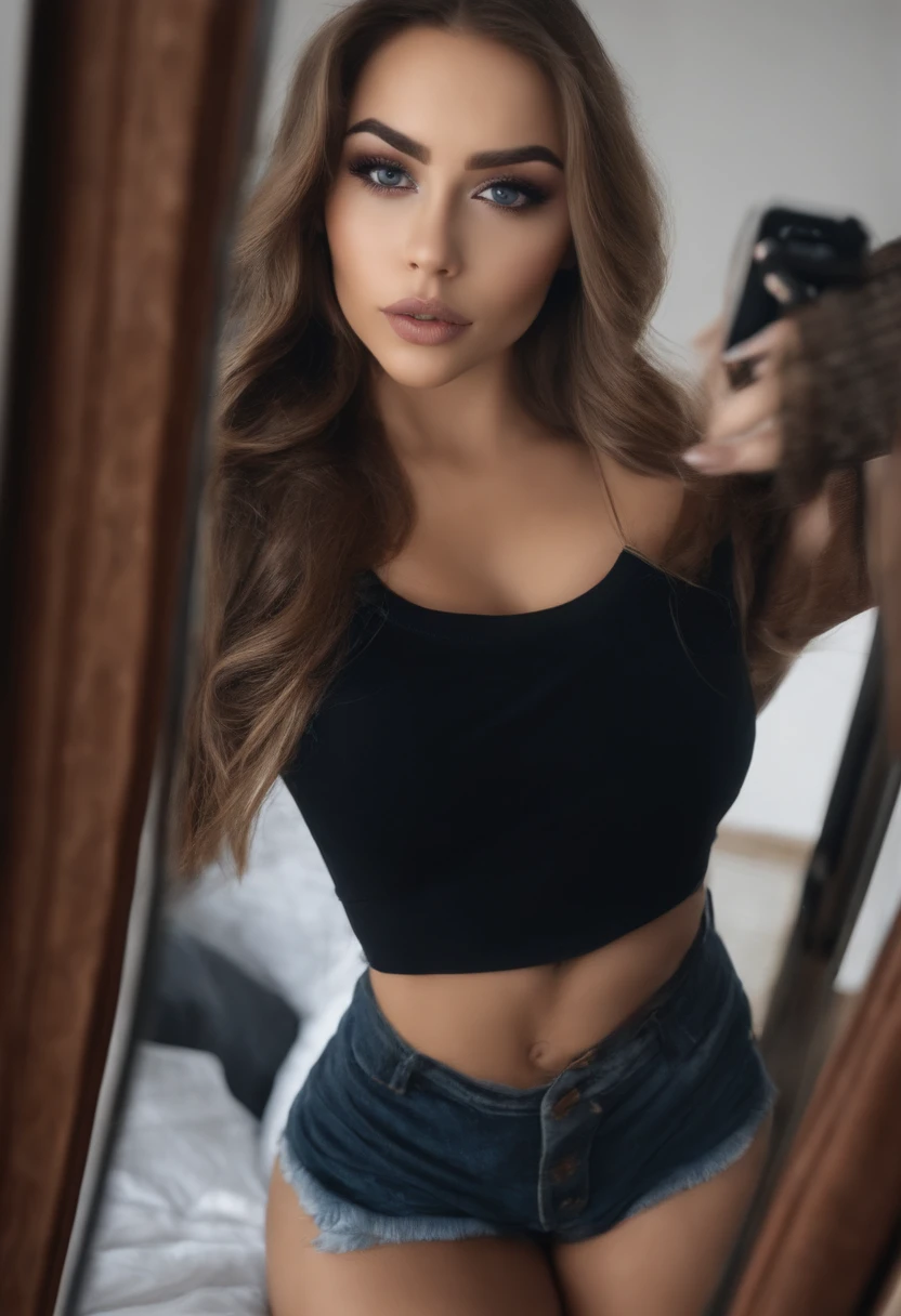 arafed woman without clothes, and a necklace, sexy girl with green eyes, portrait sophie mudd, brown hair and large eyes, selfie of a young woman, bedroom eyes, violet myers, without makeup, natural makeup, looking directly at the camera, face with artgram, subtle makeup, stunning full body shot, piercing green eyes, beautiful angle, attractive pose, cute girl, sexy pose, full body picture, full body, full body shoot, wearing grey skirt and boots, skirt, boots