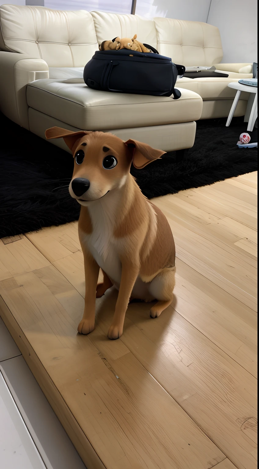 Cachorro vira-lata marrom, sitting on ground, com cara neutra, Disney pixar, melhor qualidade