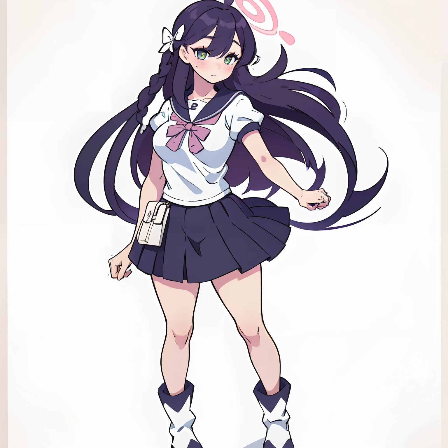 [[[blushing!!!]]], [[[[shy!]]], no background, perfect hands,,CLOsed hand, [[[1woman]]], white woman, shy, (((shy woman))), [yellow eyed], [dark purple hair],  (shy face), [fringe], full body, [ collegial clothes, black collegial skirt], ????? style. ((((No background)))),

Arms down, Hands down pose, perfect legs, perfect fingers, idle pose, full body pose, photo full body, Cartoonish-pixar Disney style, cartoon, 80s style, best quality, master piece, illustration: 1.1, beautiful, highly detailed, high details, 4k, perfect body, perfect proportion, rich quality, 8k, hd, ultra hd, perfect hands, perfect clothes, perfect generated hands, cartoon style, cartoon drawn, no blur