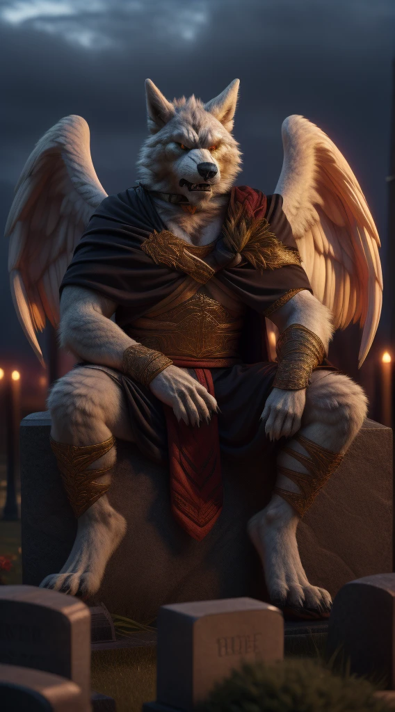 (best quality,4k,8k,highres,masterpiece:1.2),ultra-detailed,(realistic,photorealistic,photo-realistic:1.37),Cassius is a handsome furry and unfortunately he is no longer with us he died many years ago on October 30, 1518 every night you can see him wandering around the cemetery with his beautiful angel wings and his golden eyes he is sitting on his tombstone where his body is resting peacefully while looking at the viewer with a serious and angry expression It's my friends Cassius he has become a vengeful spirit I don't recommend any of you enter the cemetery at dawn.