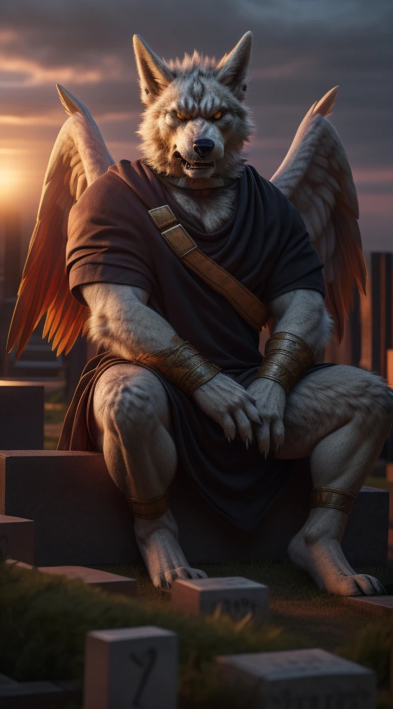 (best quality,4k,8k,highres,masterpiece:1.2),ultra-detailed,(realistic,photorealistic,photo-realistic:1.37),Cassius is a handsome furry and unfortunately he is no longer with us he died many years ago on October 30, 1518 every night you can see him wandering around the cemetery with his beautiful angel wings and his golden eyes he is sitting on his tombstone where his body is resting peacefully while looking at the viewer with a serious and angry expression It's my friends Cassius he has become a vengeful spirit I don't recommend any of you enter the cemetery at dawn.