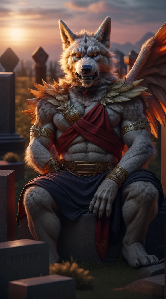 (best quality,4k,8k,highres,masterpiece:1.2),ultra-detailed,(realistic,photorealistic,photo-realistic:1.37),Cassius is a handsome furry and unfortunately he is no longer with us he died many years ago on October 30, 1518 every night you can see him wandering around the cemetery with his beautiful angel wings and his golden eyes he is sitting on his tombstone where his body is resting peacefully while looking at the viewer with a serious and angry expression It's my friends Cassius he has become a vengeful spirit I don't recommend any of you enter the cemetery at dawn.