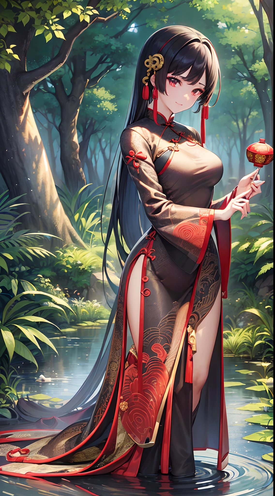 ((Finest quality)),(超A high resolution),(ultra-detailliert),(Meticulous portrayal),((Best Anime)),(Finest works of art),sharpnes,Clair,Ultra-Precision Art,The art of astounding depiction,Beauty with intricate and meticulous details:1.3, naturey,The murmur of the creek,trees,florals々, Ancient China, (Cheongsam with beautiful design with intricate and detailed:1.5),Standing,Divination