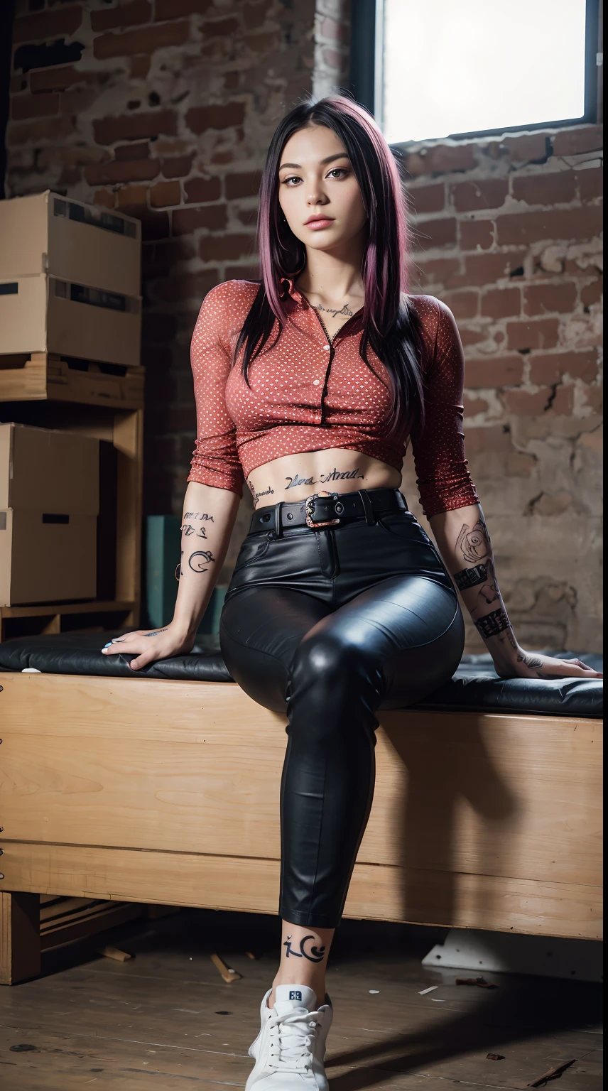 27 years old, gorgeous cute  Russian girl, smirk, freckles, Muscular women, defined body, developed body, kung fu fighter, red blouse with buttons, long black pants of black color, black belt at the waist, spiky hair, short hair of black color (hair with pink locks at the ends), wrestler's shoes, look of tiredness, sitting on the burdens of an old warehouse, abandoned warehouse of the interior, medieval setting., beautiful young catgirl, good young girl, (masterpiece:1.0),(best_quality:1.0), ultra high res,4K,ultra-detailed, photography, 8K, HDR, highres, absurdres:1.2, Kodak portra 400, blurry background, bokeh, lens flare, (vibrant_color:1.2),professional photograph,(the_tattoo:1.5),(Beautiful,large_Breasts), (beautiful_face:1.5),(narrow_waist).