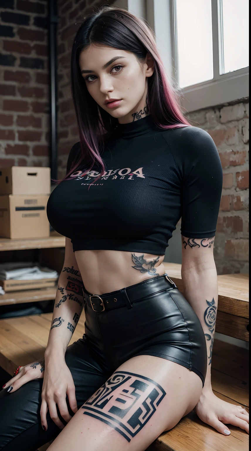 27 years old, gorgeous cute  Russian girl, smirk, freckles, Muscular women, defined body, developed body, kung fu fighter, red blouse with buttons, long black pants of black color, black belt at the waist, spiky hair, short hair of black color (hair with pink locks at the ends), wrestler's shoes, look of tiredness, sitting on the burdens of an old warehouse, abandoned warehouse of the interior, medieval setting., beautiful young catgirl, good young girl, (masterpiece:1.0),(best_quality:1.0), ultra high res,4K,ultra-detailed, photography, 8K, HDR, highres, absurdres:1.2, Kodak portra 400, blurry background, bokeh, lens flare, (vibrant_color:1.2),professional photograph,(the_tattoo:1.5),(Beautiful,large_Breasts), (beautiful_face:1.5),(narrow_waist).