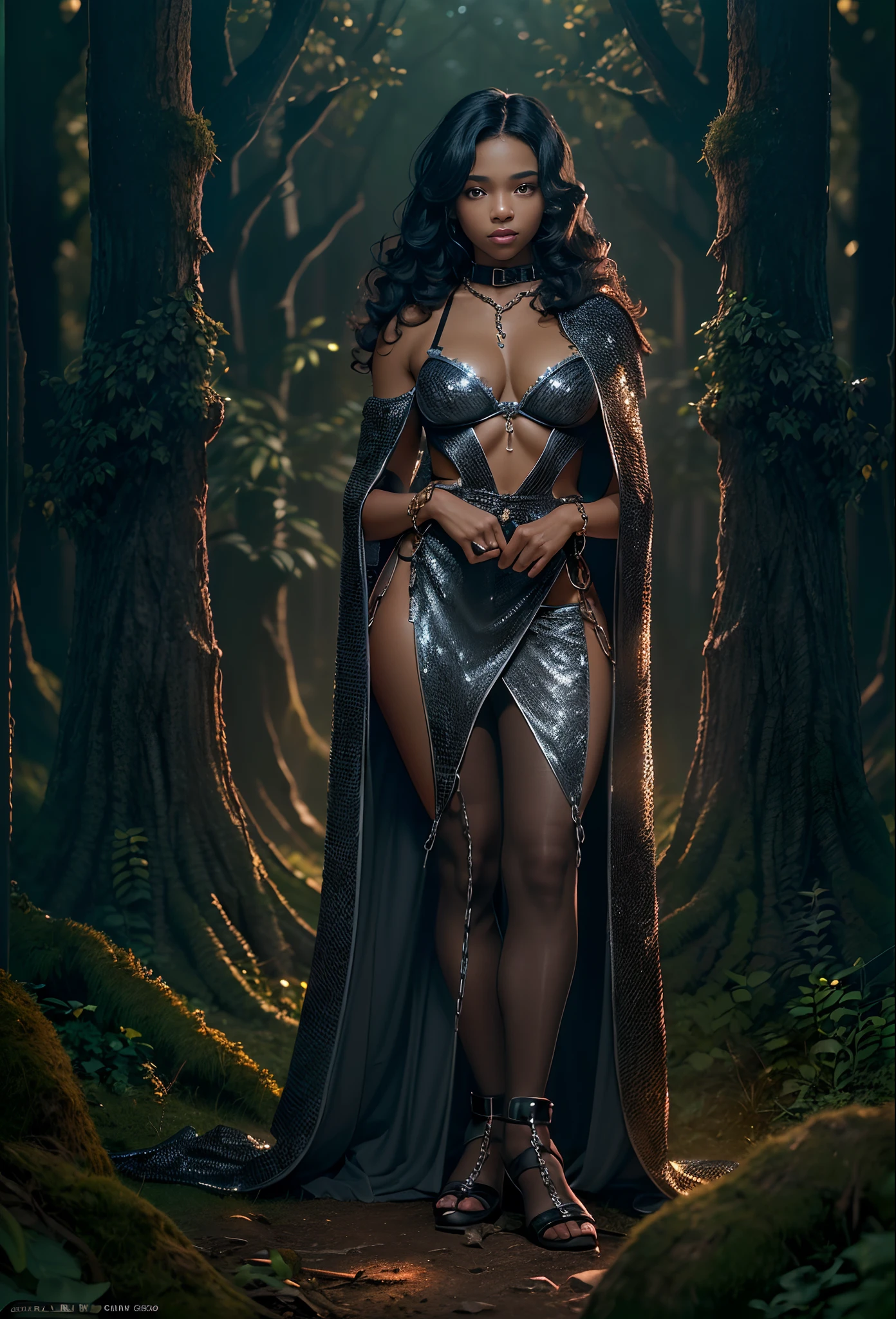 ((17-year-old))), black girl, (((light skin))), (((full body pose))), (((long curly black hair))), (((wearing tight chainmail micromini skirt, chainmail bra, open front cloak))), (((seamless, black, pantyhose))), standing in the dark woods at night, moonlight shining through the dense canopy, dark castle in the background, dark fantasy, Rich, Deep Colours, (intricate details:0.9), (HDR, hyper-detailing:1.2), (natural skin textures, hyper realisitc, glistening skin, soft light, Sharp),
