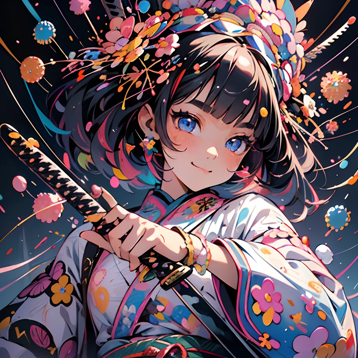 ((the flower crown)),Flowers are the main composition，Flower Contest beyond imagination，innocent smiles、eye glass、Never seen、Seven colors,(1girl in, Solo:1.6),(Cute smile),(Clothes are simple), (Best Impact:1.5), (maximalism:1.7), Vivid contrast, (Realistic), hyperrealistic illustrations, hight resolution, ultra-detailliert, absurderes,(Fractal Art:1.3)、Random hairstyle、Random hair color colorful、FULL BODYSHOT、Retro、incredibly fine illustrations, Perfect Anatomy, nice hand, Perfect hands, Detailed beautiful hands, Precise focus、randome pose、cinema4d、Drama,((holding swords)),((holding katana)),Sword arranged radially, (Sprinkles:1.5)