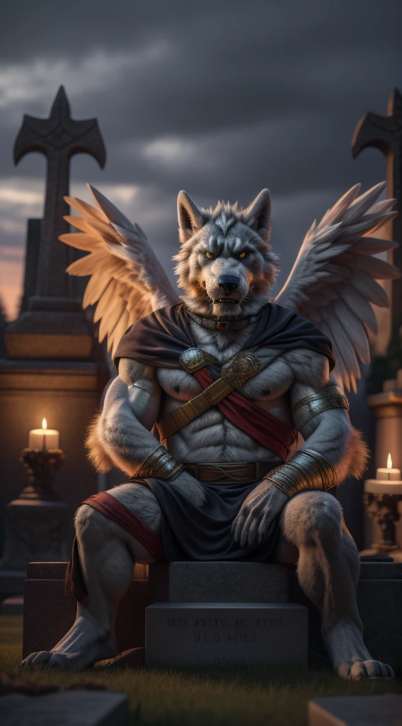 (best quality,4k,8k,highres,masterpiece:1.2),ultra-detailed,(realistic,photorealistic,photo-realistic:1.37),Cassius is a handsome furry and unfortunately he is no longer with us he died many years ago on October 30, 1518 every night you can see him wandering around the cemetery with his beautiful angel wings and his golden eyes he is sitting on his tombstone where his body is resting peacefully while looking at the viewer with a serious and angry expression It's my friends Cassius he has become a vengeful spirit I don't recommend any of you enter the cemetery at dawn. you may come across Cassius sitting on his tombstone where his body is resting in peace and watching you walk through the cemetery