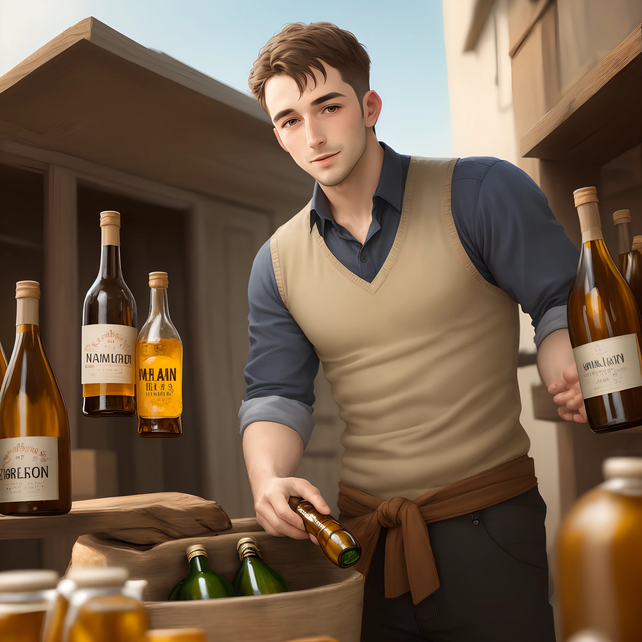 (An impressive poster) with superior quality and sharp details, featuring a 25-year-old man a radiant smile, quenching his thirst with a refreshing sip of water amidst the calm street the cheerful atmosphere overflows with excitement and festivity.