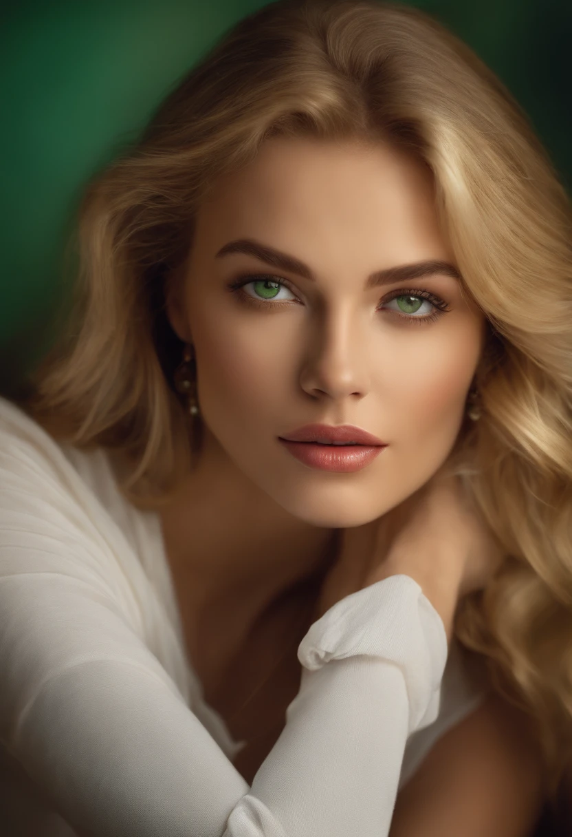 "Create a description of a woman around 20 years old, with blonde hair, intense green eyes that enhance her beauty, thick and sensual lips that accentuate her attractiveness. This woman's face exudes a playful charm, radiating confidence and sensuality in every gesture and gaze."