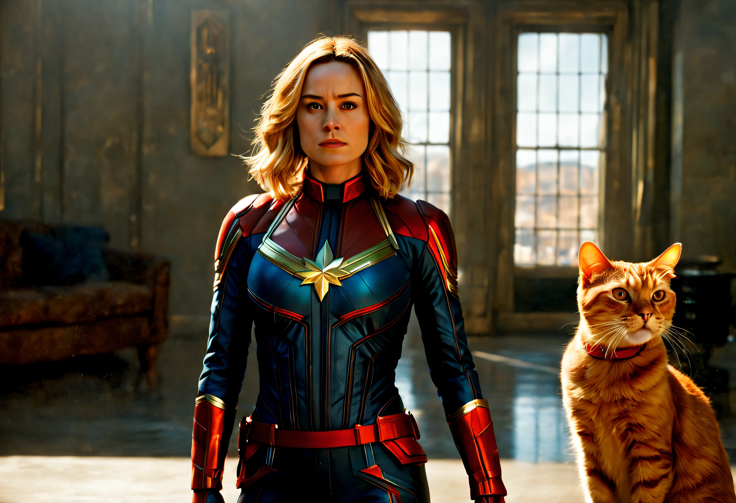 (best quality, 4k, 8k, high resolution, masterpiece: 1.2), (ultra detailed, realistic, photorealistic: 1.37), cinematic scene, portrait of Captain Marvel with her orange cat Goose, detailed background, masterpiece, best quality , high quality, bright colors, scene taken from the movie Captain Marvel