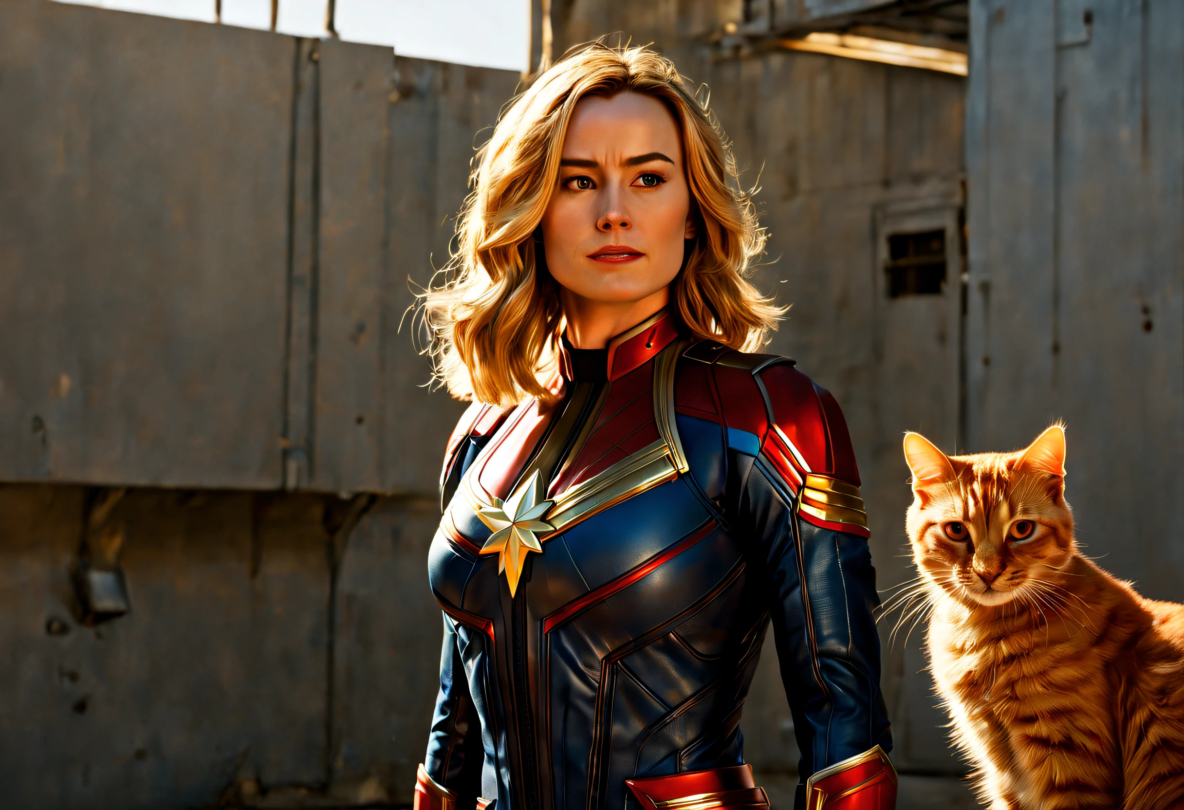 (best quality, 4k, 8k, high resolution, masterpiece: 1.2), (ultra detailed, realistic, photorealistic: 1.37), cinematic scene, portrait of Captain Marvel with her orange cat Goose, detailed background, masterpiece, best quality , high quality, bright colors, scene taken from the movie Captain Marvel