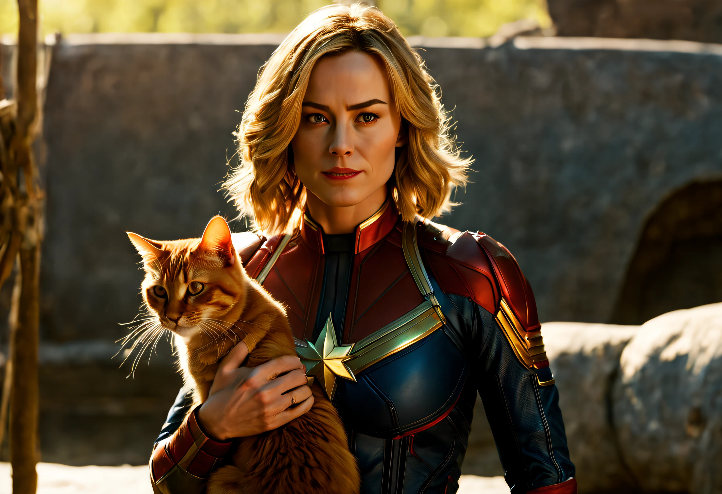 (best quality, 4k, 8k, high resolution, masterpiece: 1.2), (ultra detailed, realistic, photorealistic: 1.37), cinematic scene, portrait of Captain Marvel with her orange cat Goose, detailed background, masterpiece, best quality , high quality, bright colors, scene taken from the movie Captain Marvel