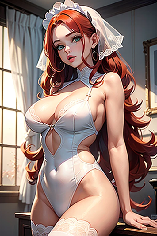 1girl in her room, Green Eyes, Sexy Underwear, Body en dentelle blanc , Lace Bodysuit , Porte Jartelle blanc , White Stokings , White Skin ,(Best quality:1.1), (Masterpiece:1.4), 1fille, (cheveux volumineux)+ , ((curly hair))++, cheveux longs, ++, (((cheveux ROUX , Redhair ))), (Yeux Verts), Long Hair,, Gros Seins, Red Hair , (big lips)+ pouty lips , peau brillante, Brillant, starry night, dans une chambre,, Fioritures,