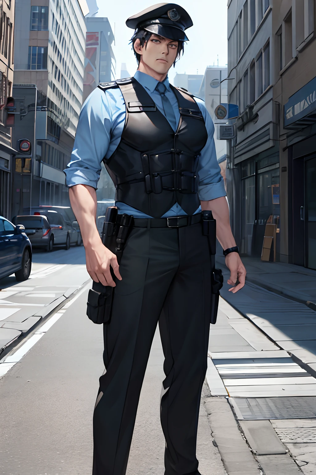 Tall strong man, muscular male, short black hair, police hat, police uniform, kevlar vest, long sleeves, blue hat, blue shirt uniform, dark blue / black pants, male, strong, powerful, standing in a city