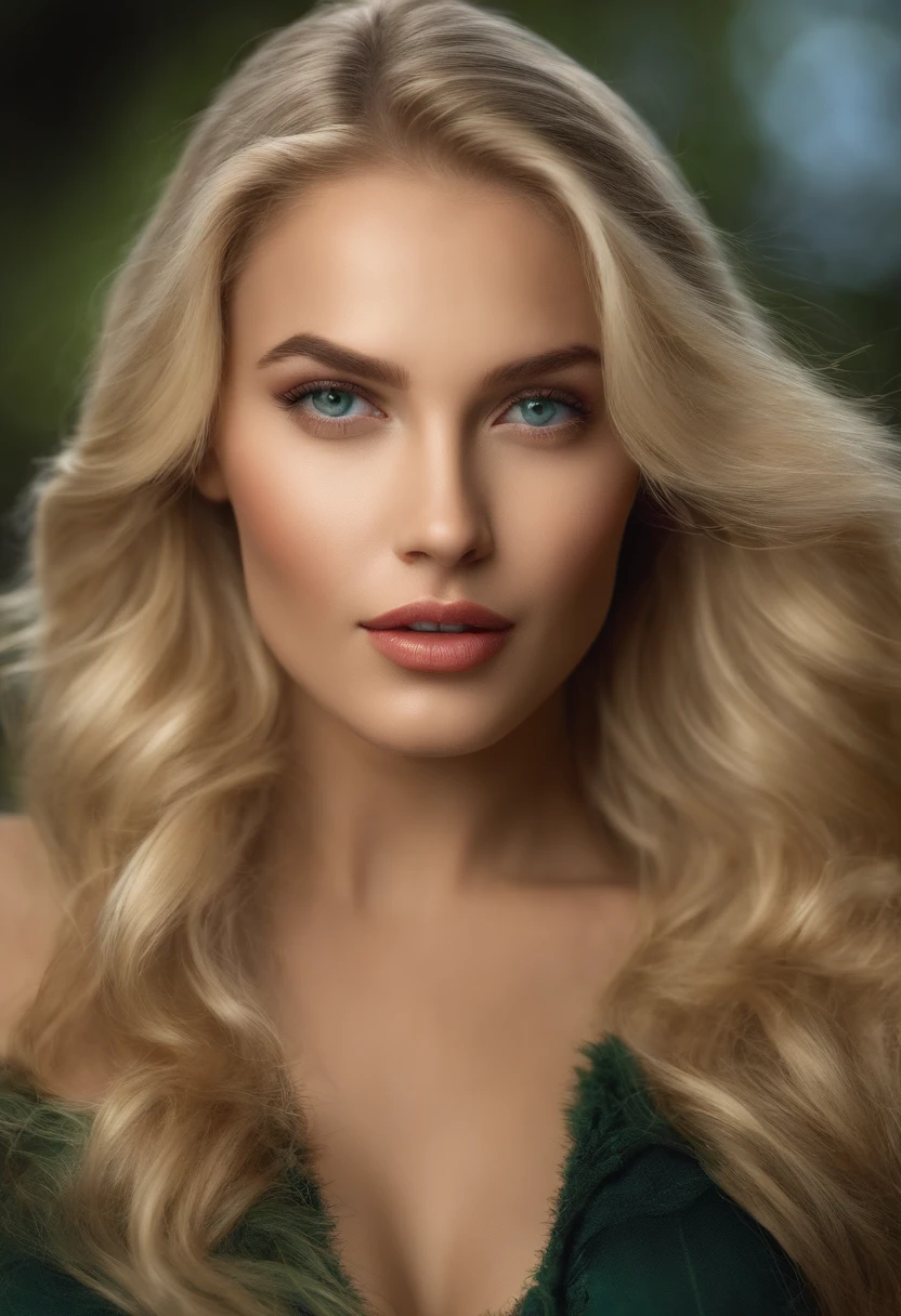 "Create a description of a woman around 18 years old, with blonde hair, intense green eyes that enhance her beauty, thick and sensual lips that accentuate her attractiveness. This woman's face exudes a playful charm, radiating confidence and sensuality in every gesture and gaze."